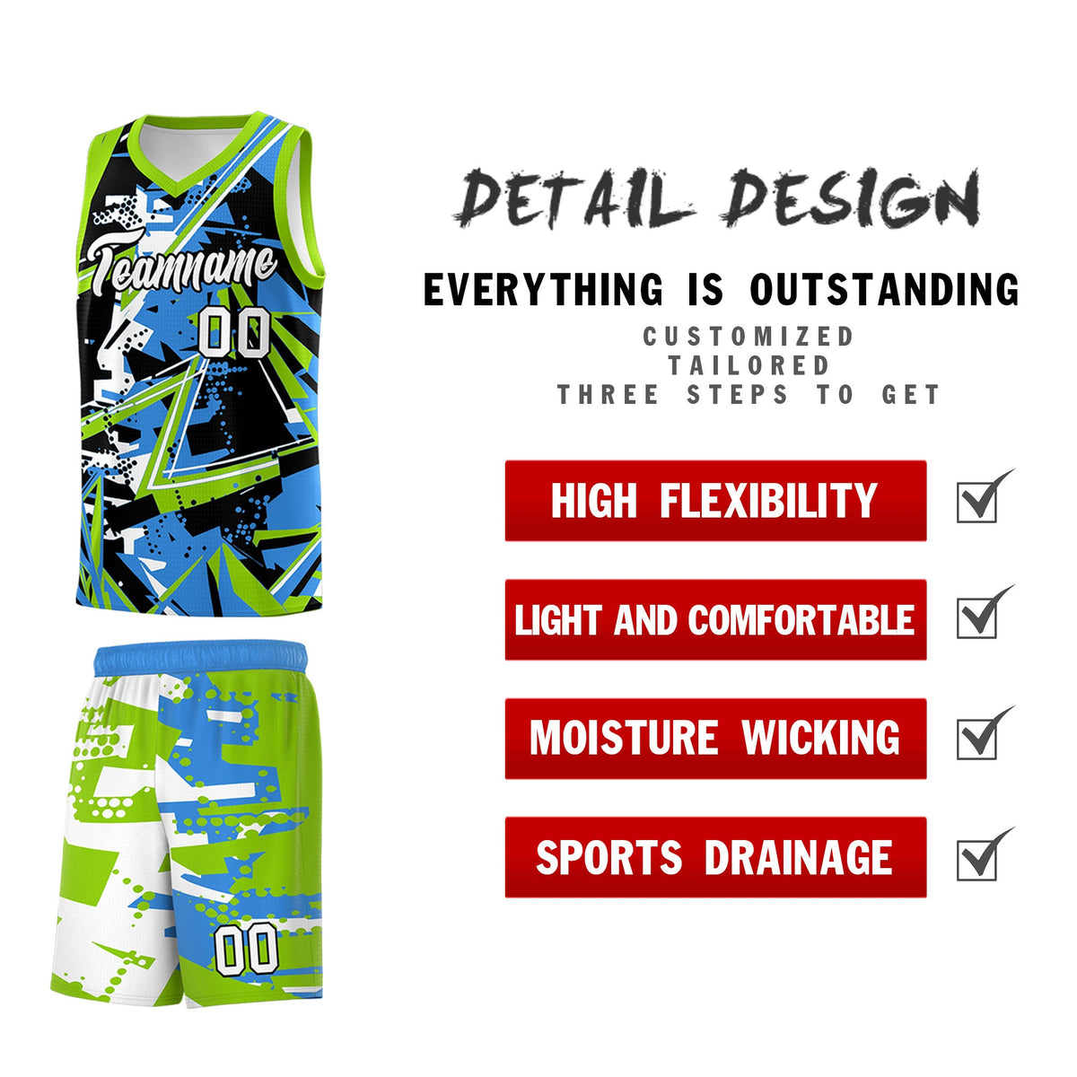 Custom Youth Basketball Jerseys Light Blue Neon Green Abstract Graffiti Personalized Street Style Uniform