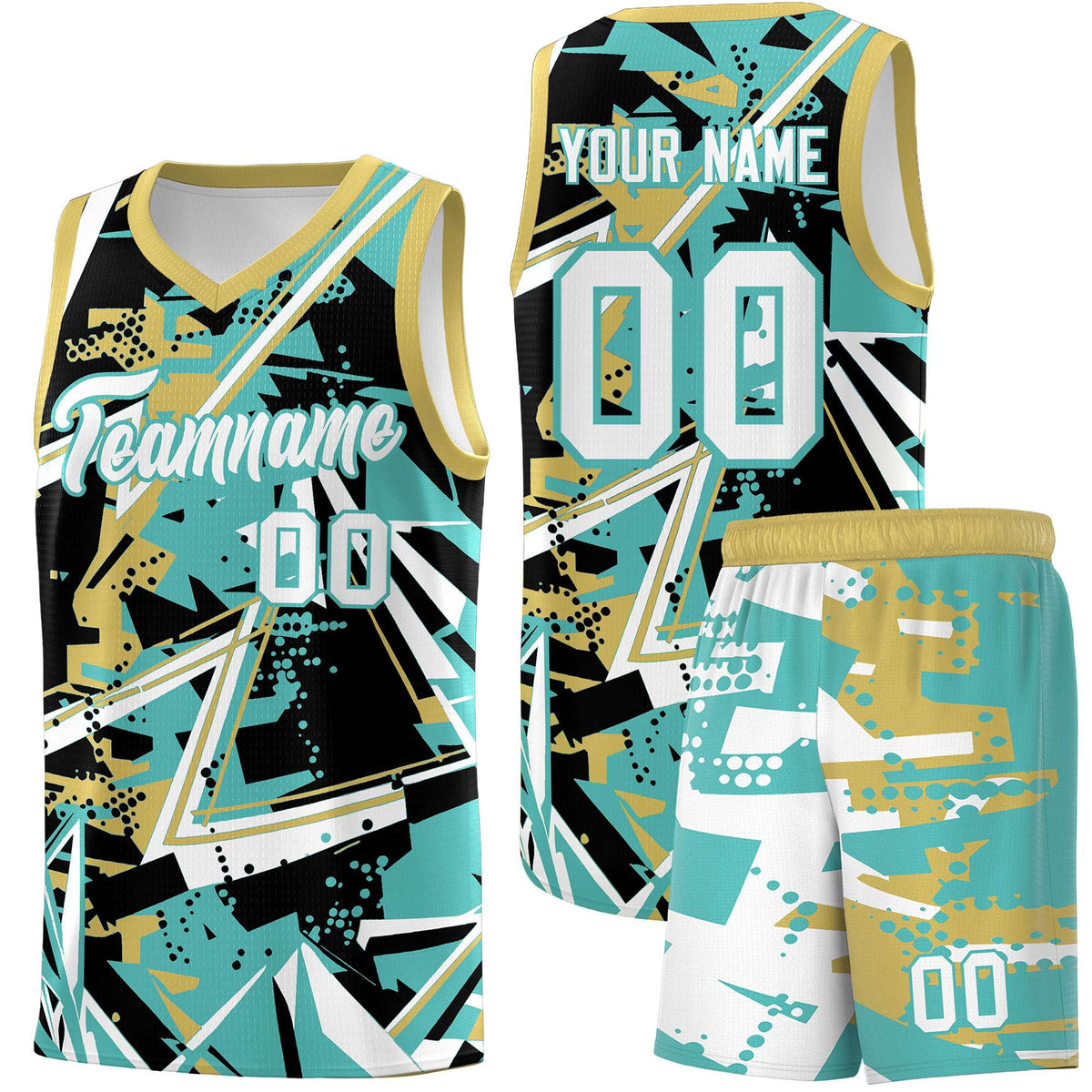 Custom Youth Basketball Jerseys Teal Old Gold Abstract Graffiti Personalized Street Style Uniform