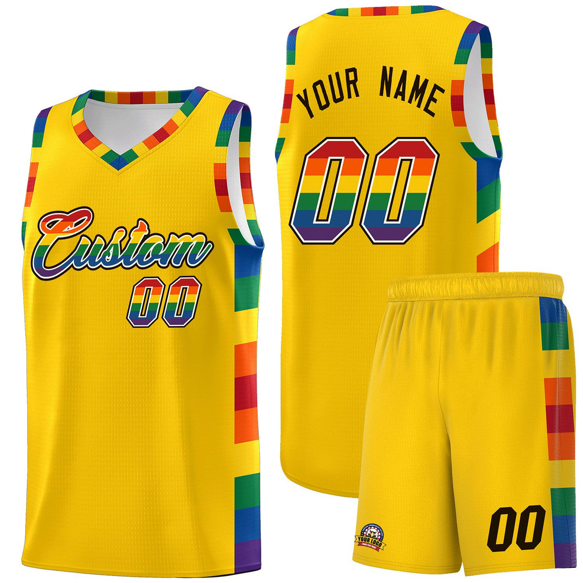 Custom Gold LGBT Rainbow For Pride Month Sports Uniform Basketball Jersey