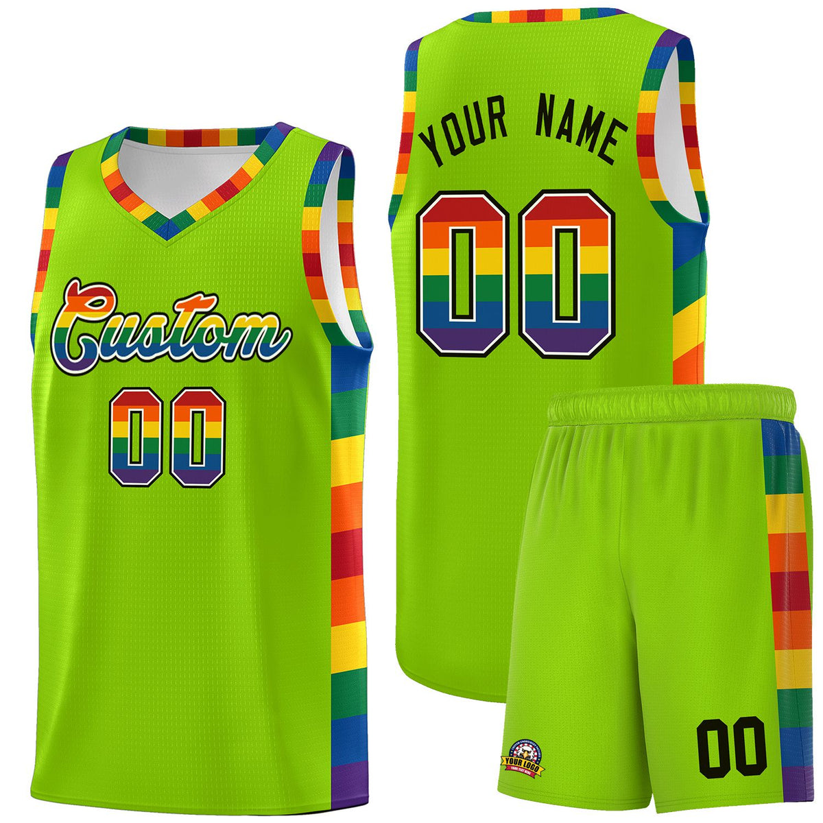Custom Neon Green LGBT Rainbow For Pride Month Sports Uniform Basketball Jersey