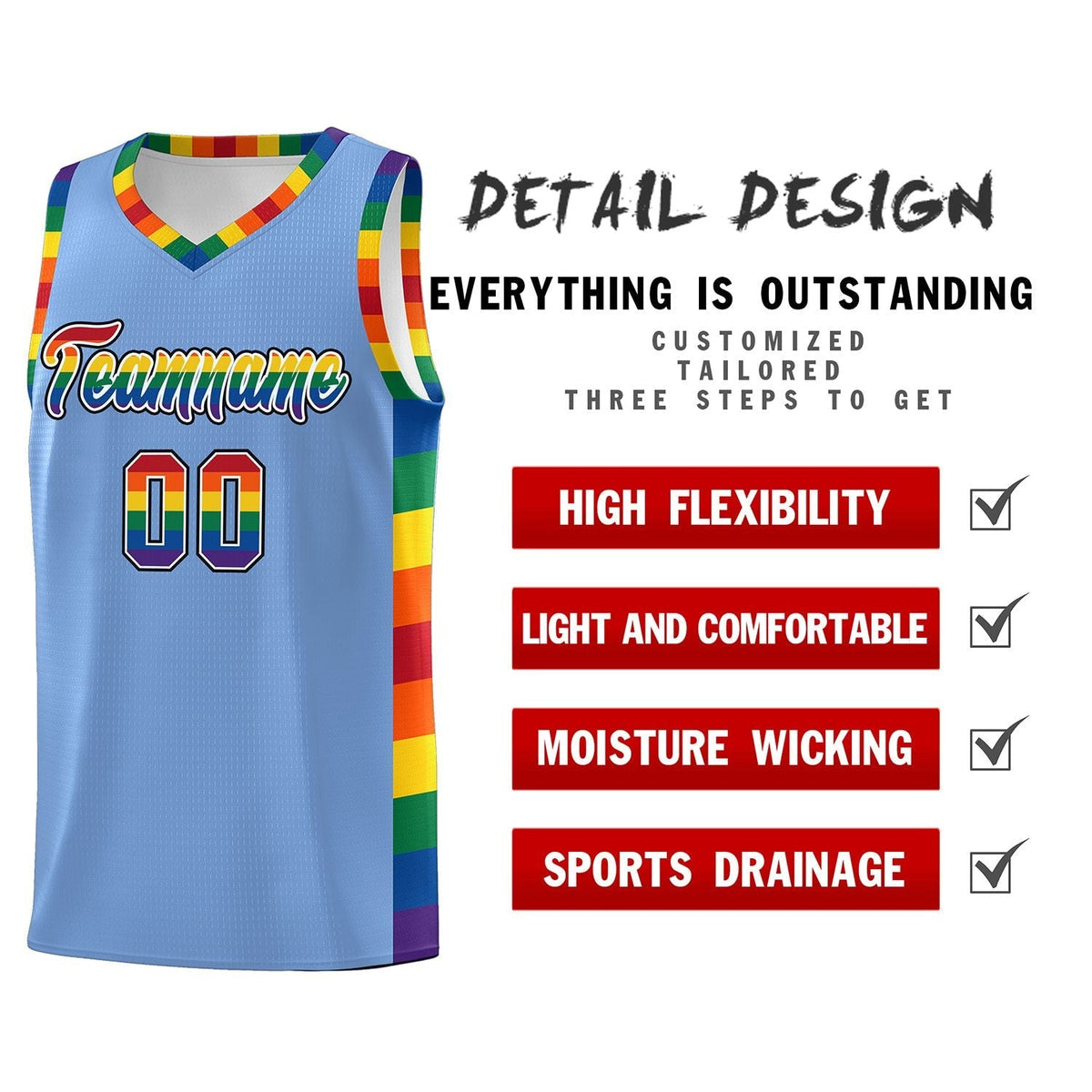 Custom Light Blue LGBT Rainbow For Pride Month Sports Uniform Basketball Jersey