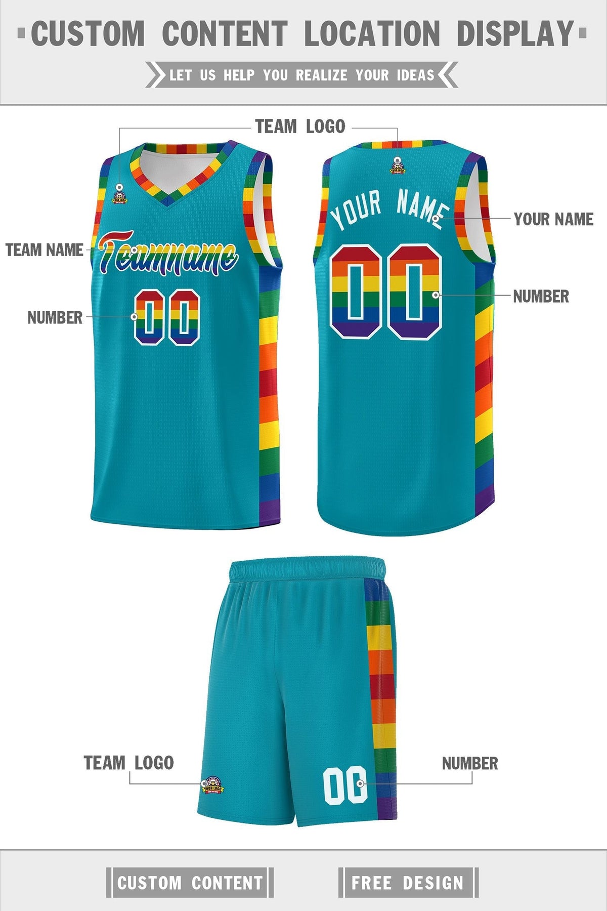 Custom Aqua LGBT Rainbow For Pride Month Sports Uniform Basketball Jersey