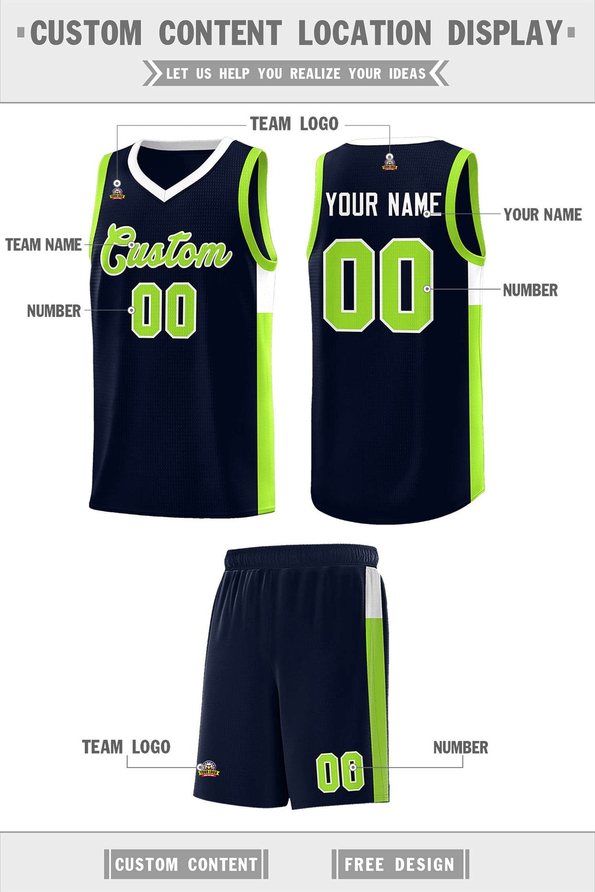 Custom Neon Green Navy-White Side Two-Tone Classic Sports Uniform Basketball Jersey |KXKSHOP