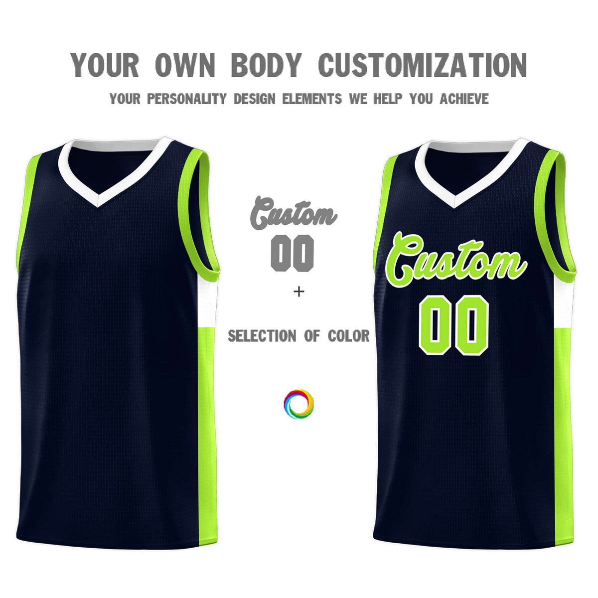 Custom Neon Green Navy-White Side Two-Tone Classic Sports Uniform Basketball Jersey |KXKSHOP