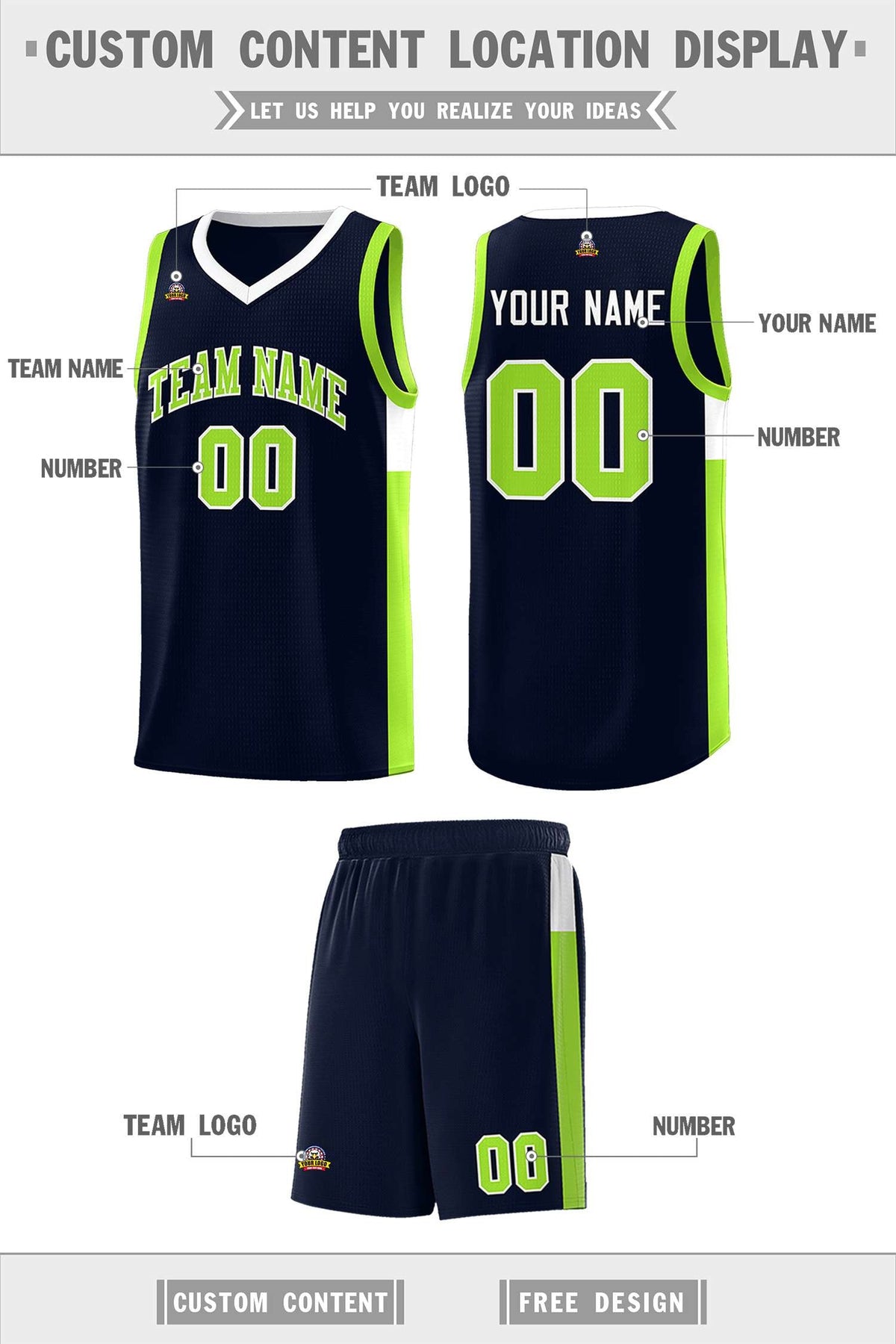 Custom Neon Green Navy-White Side Two-Tone Classic Sports Uniform Basketball Jersey |KXKSHOP