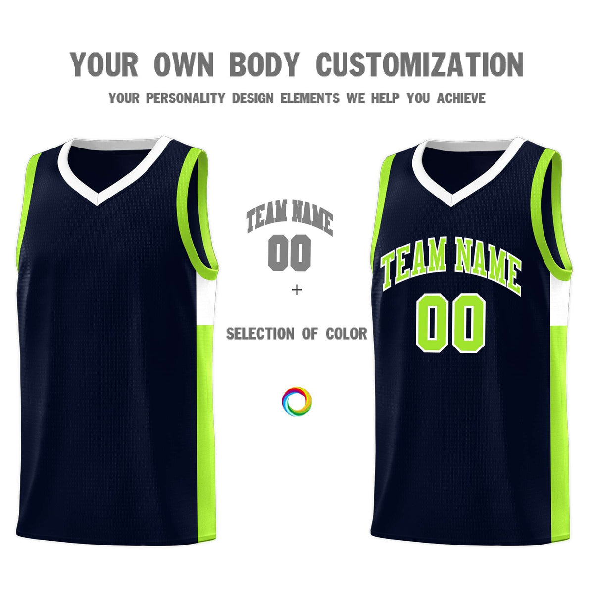 Custom Neon Green Navy-White Side Two-Tone Classic Sports Uniform Basketball Jersey |KXKSHOP