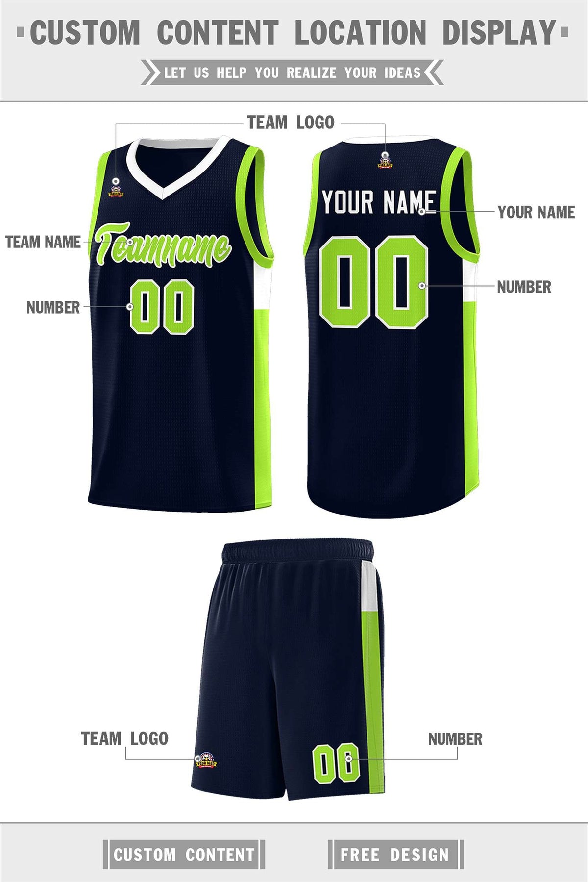 Custom Neon Green Navy-White Side Two-Tone Classic Sports Uniform Basketball Jersey |KXKSHOP