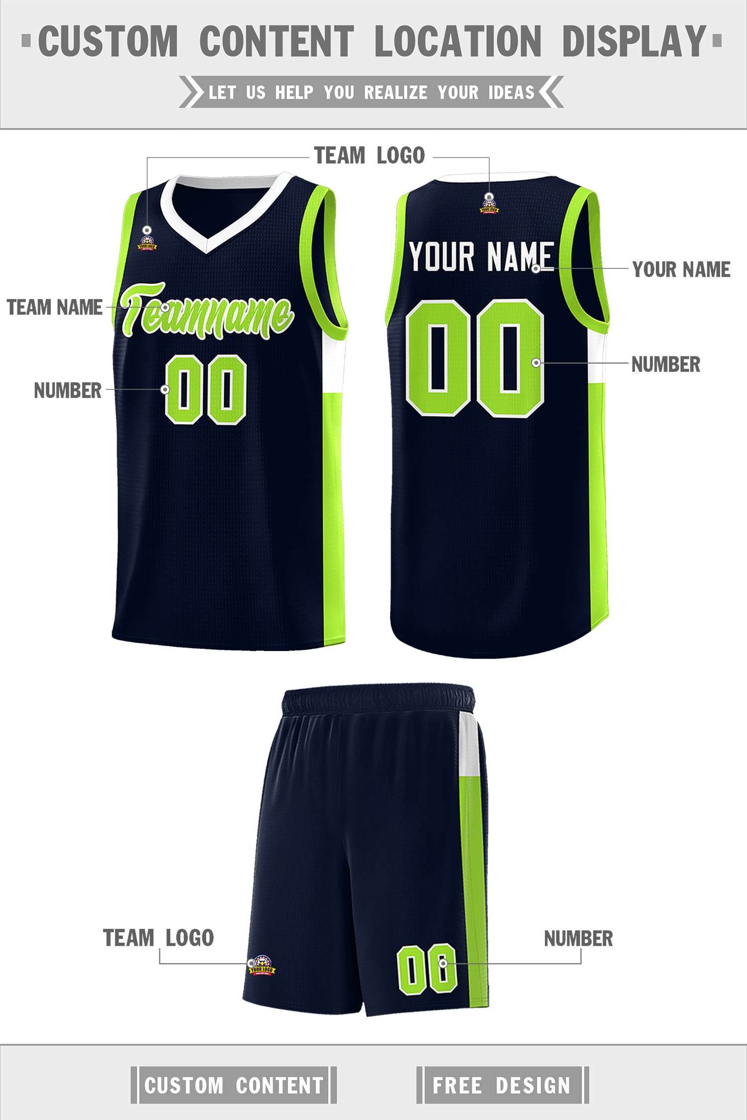 Custom Neon Green Navy-White Side Two-Tone Classic Sports Uniform Basketball Jersey |KXKSHOP