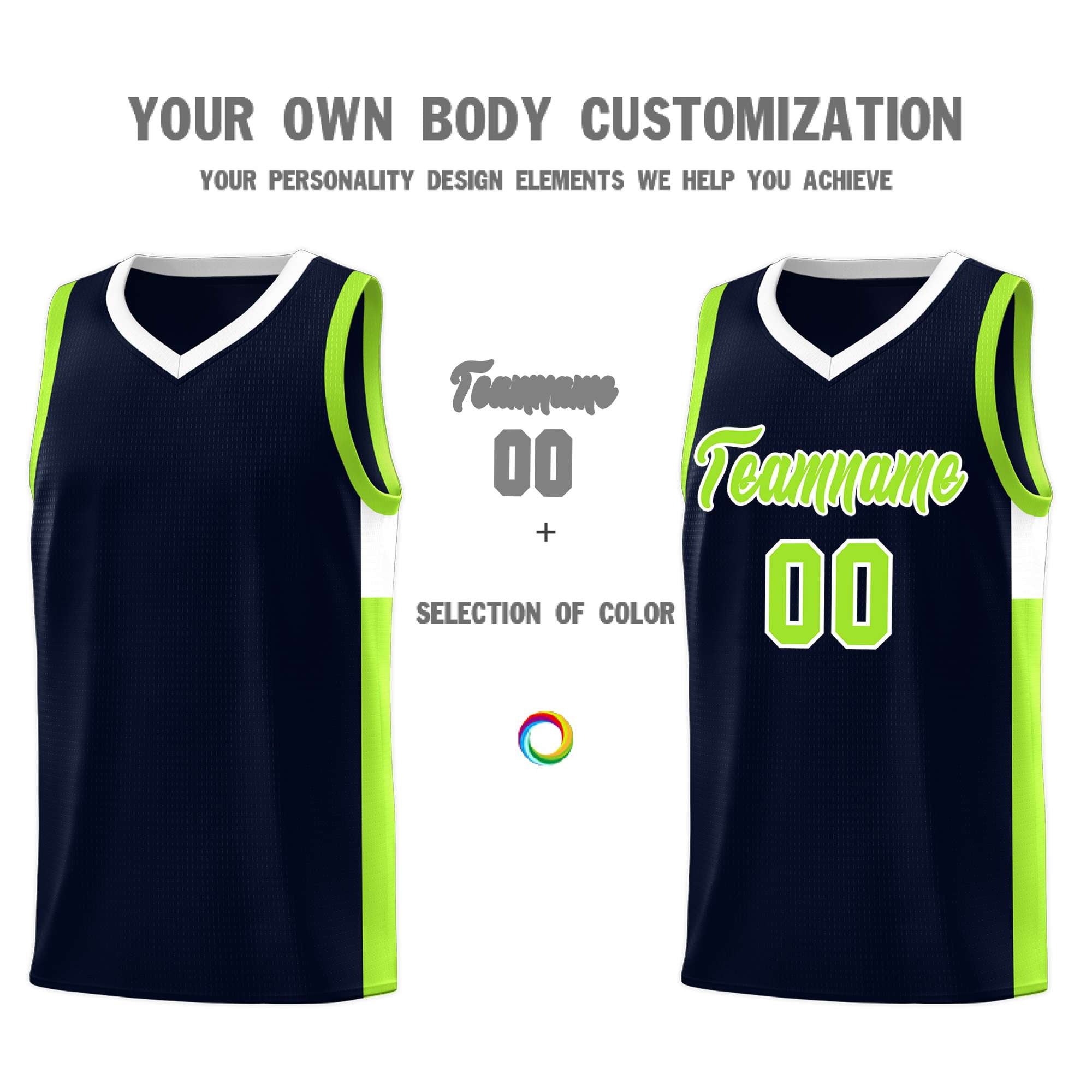Custom Neon Green Navy-White Side Two-Tone Classic Sports Uniform Basketball Jersey |KXKSHOP