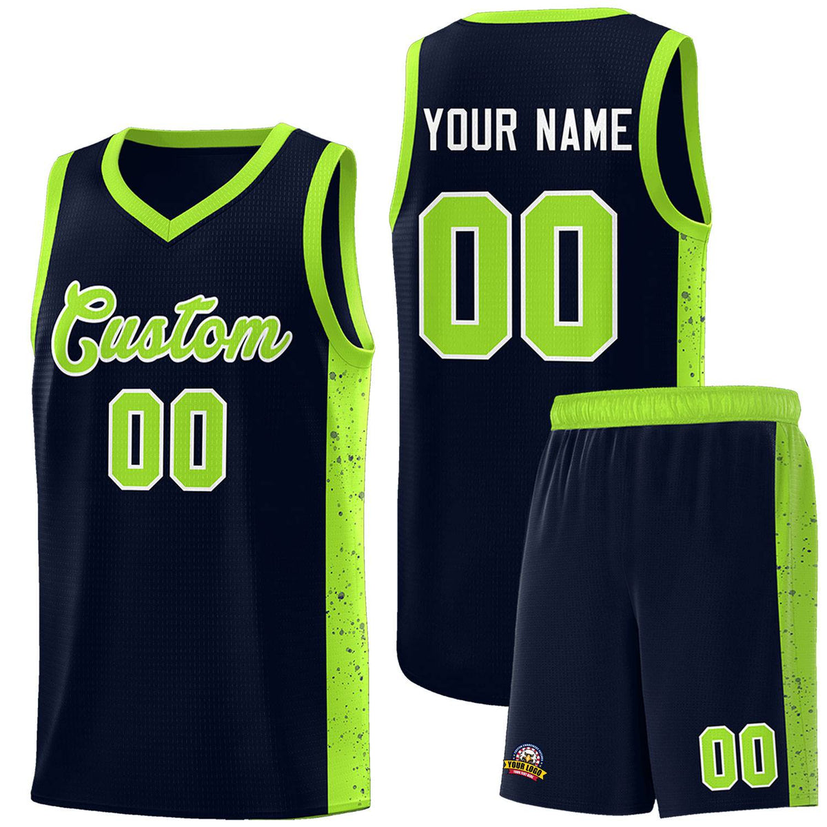 Custom Navy Neon Green-White Side Splash Sports Uniform Basketball Jersey |KXKSHOP