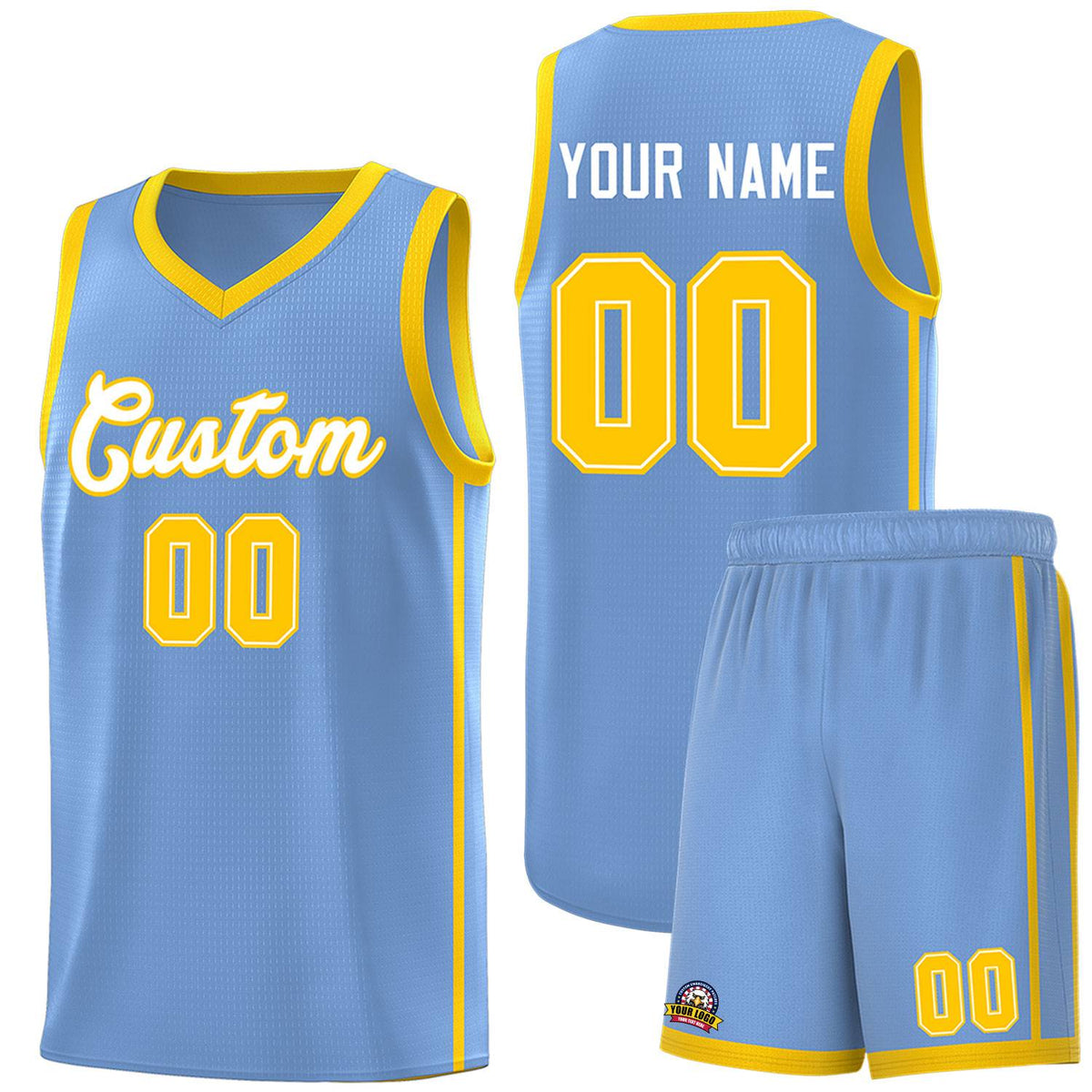 Custom Light Blue White-Gold Side Two Bars Sports Uniform Basketball Jersey |KXKSHOP