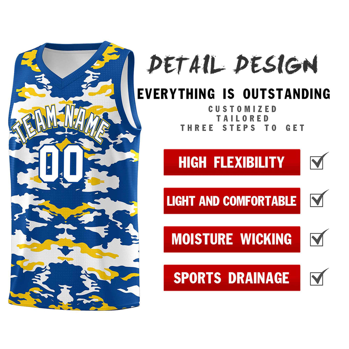 Custom Royal Gold-White Personalized Camo Sets Sports Uniform Basketball Jersey