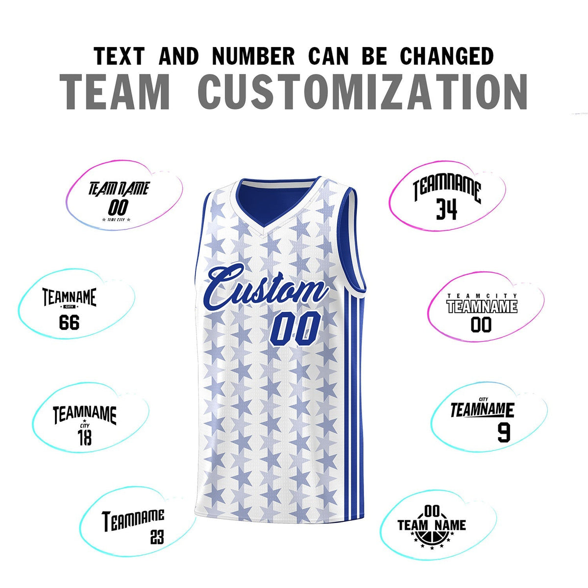Custom White Royal Star Graffiti Pattern Sets Sports Uniform Basketball Jersey