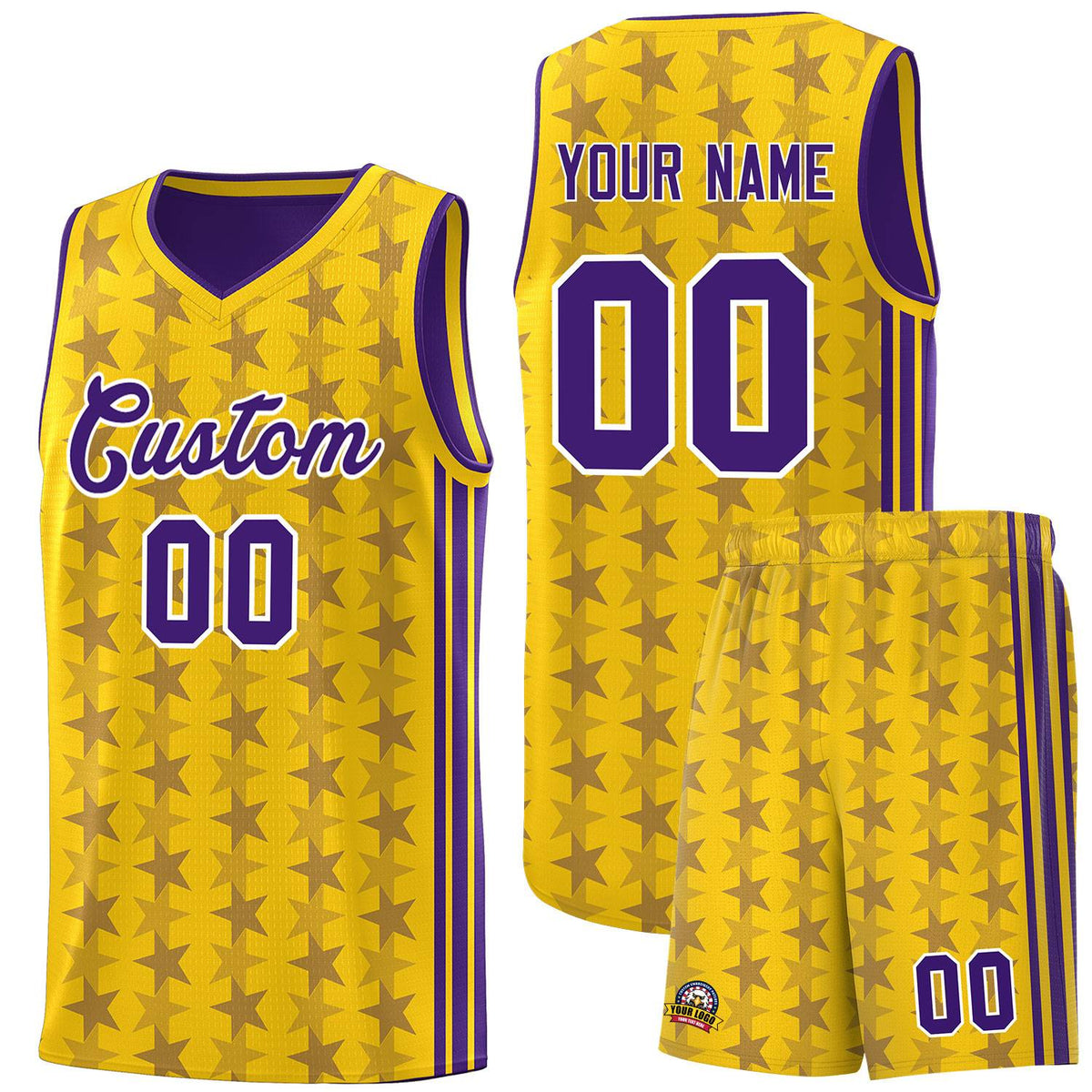 Custom Gold Purple Star Graffiti Pattern Sets Sports Uniform Basketball Jersey