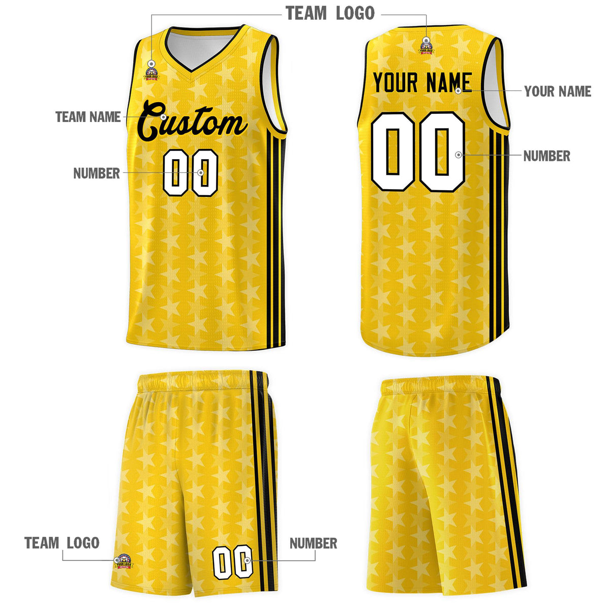 Custom Gold White Star Graffiti Pattern Sets Sports Uniform Basketball Jersey