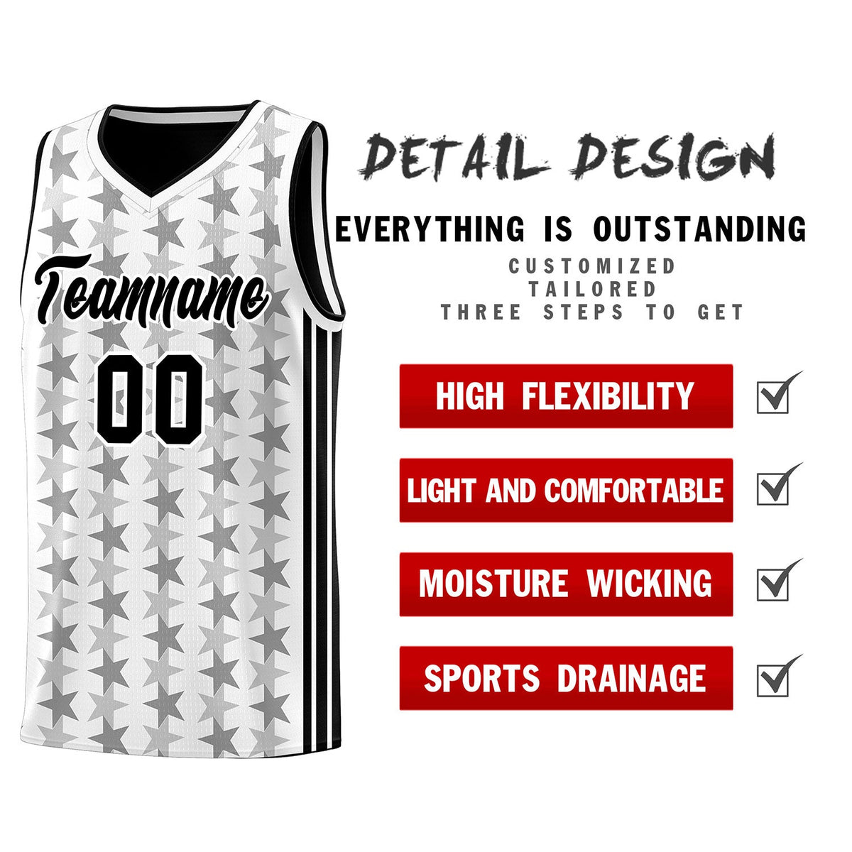 Custom White Black Star Graffiti Pattern Sets Sports Uniform Basketball Jersey
