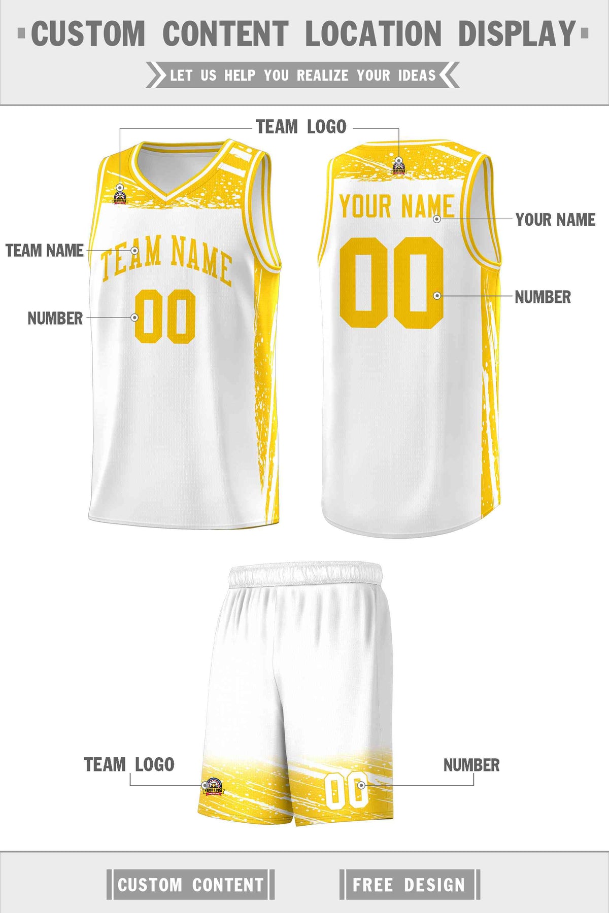 Custom White Yellow Graffiti Pattern Sports Uniform Basketball Jersey
