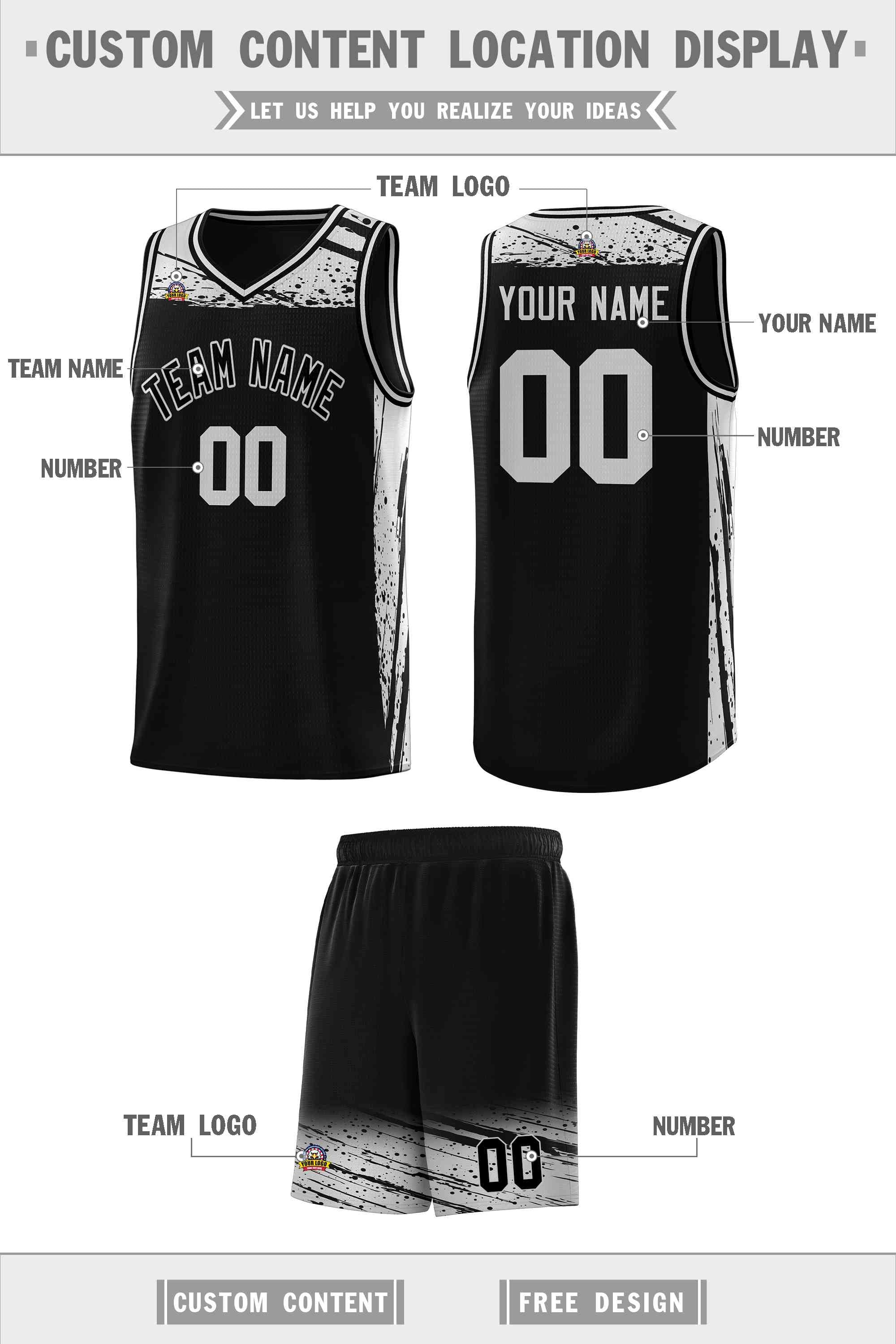 Custom Black Gray Graffiti Pattern Sports Uniform Basketball Jersey