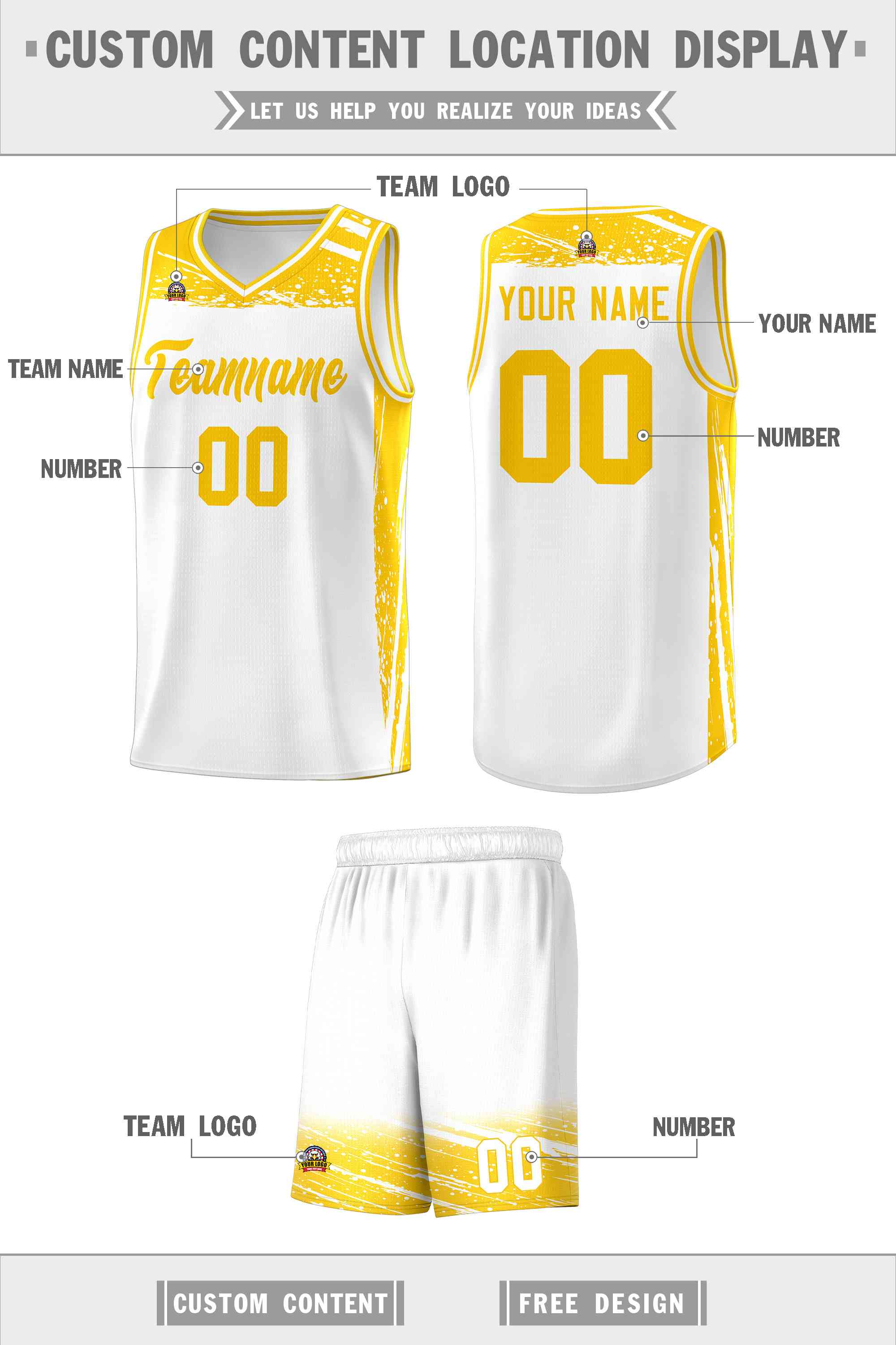 Custom White Yellow Graffiti Pattern Sports Uniform Basketball Jersey
