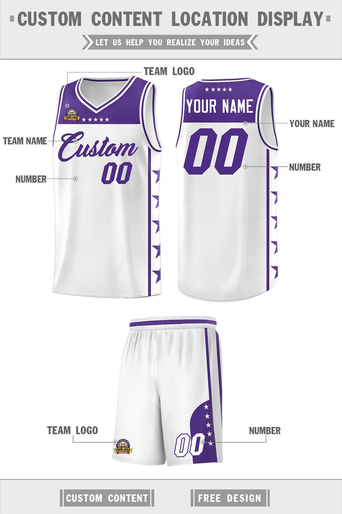 Custom White Purple Color Block Sets Sports Uniform Basketball Jersey