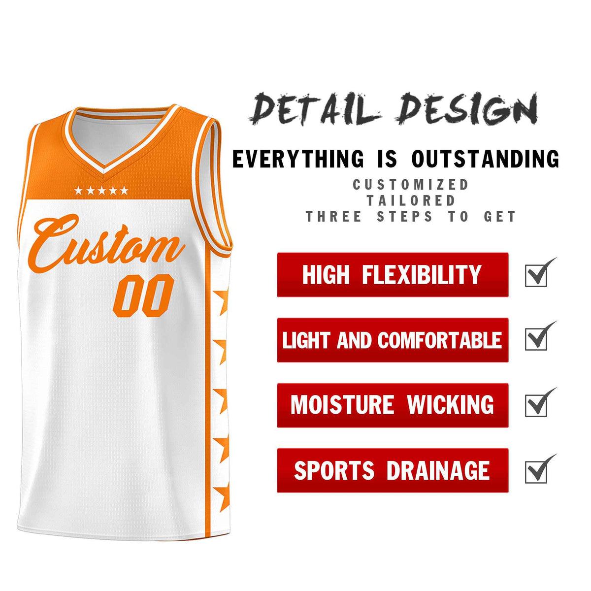 Custom White Orange Color Block Sets Sports Uniform Basketball Jersey
