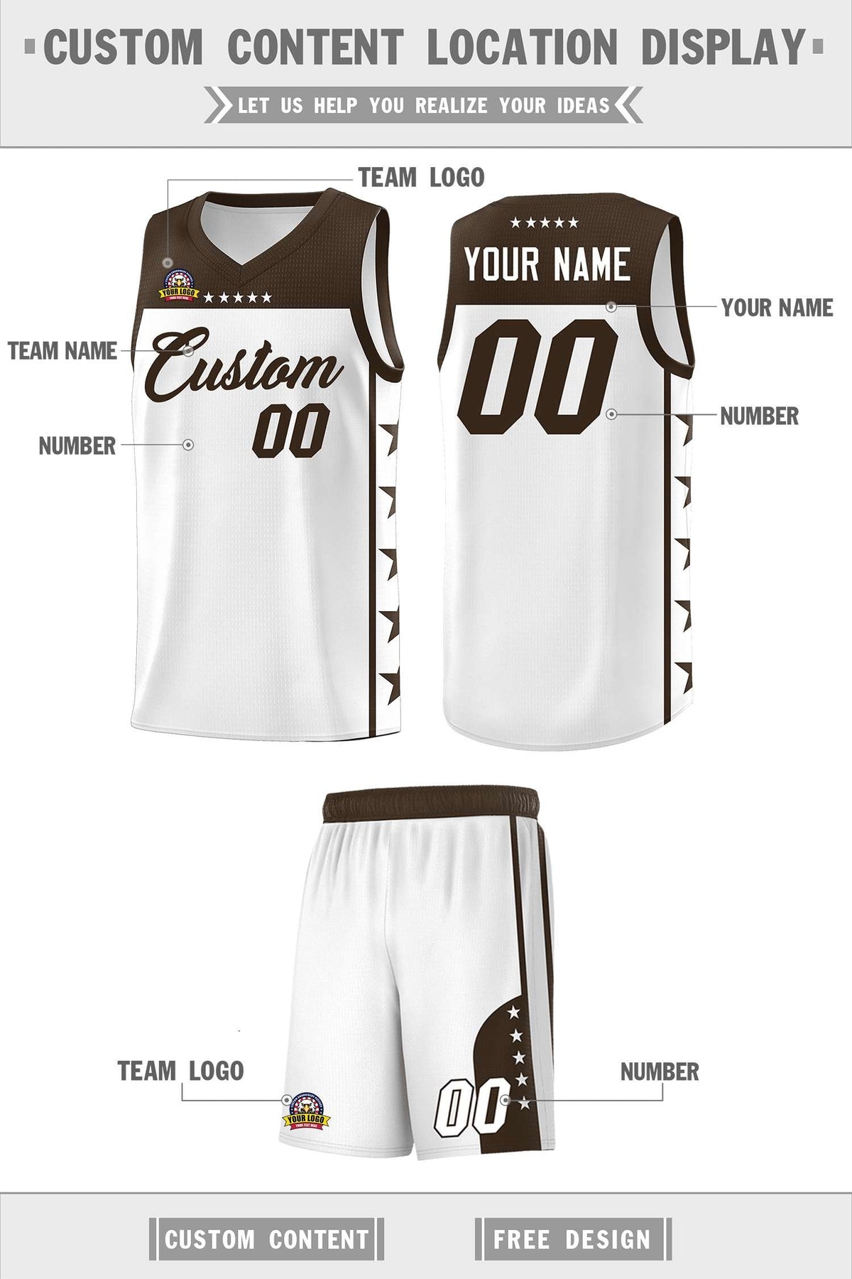 Custom White Brown Color Block Sets Sports Uniform Basketball Jersey