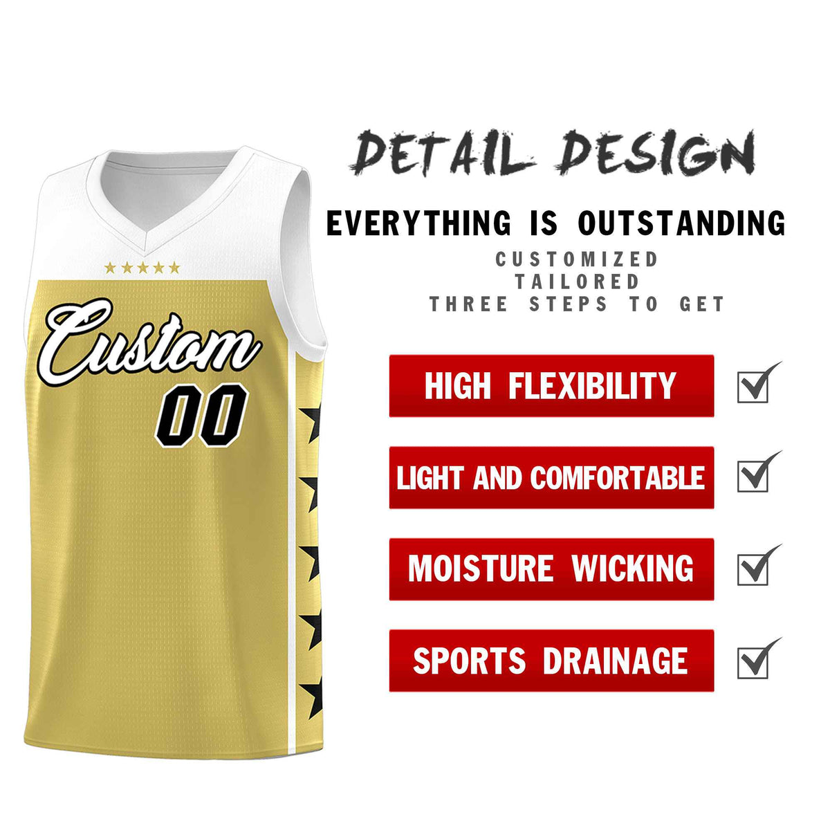 Custom Old Gold White Color Block Sets Sports Uniform Basketball Jersey