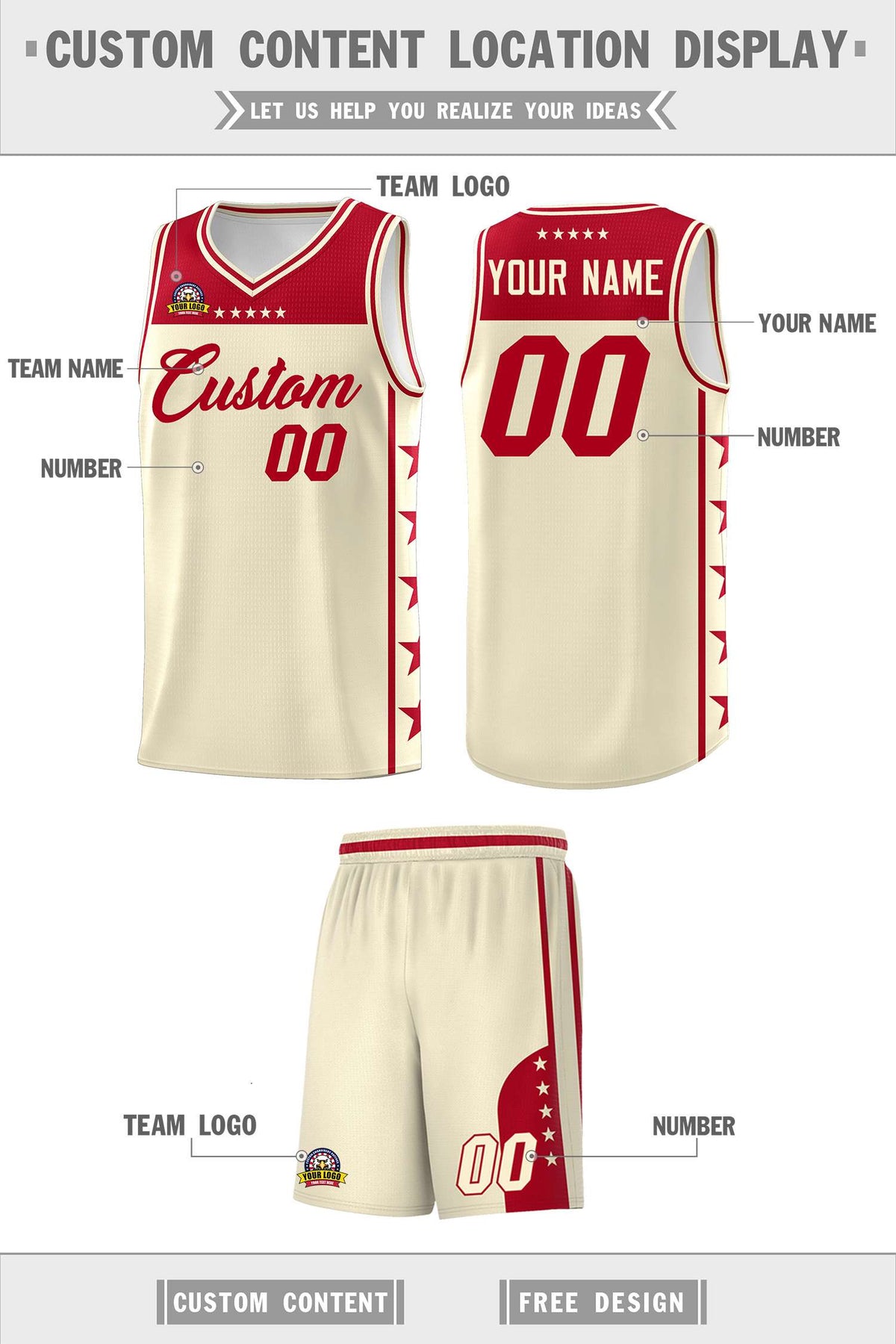 Custom Cream Red Color Block Sets Sports Uniform Basketball Jersey
