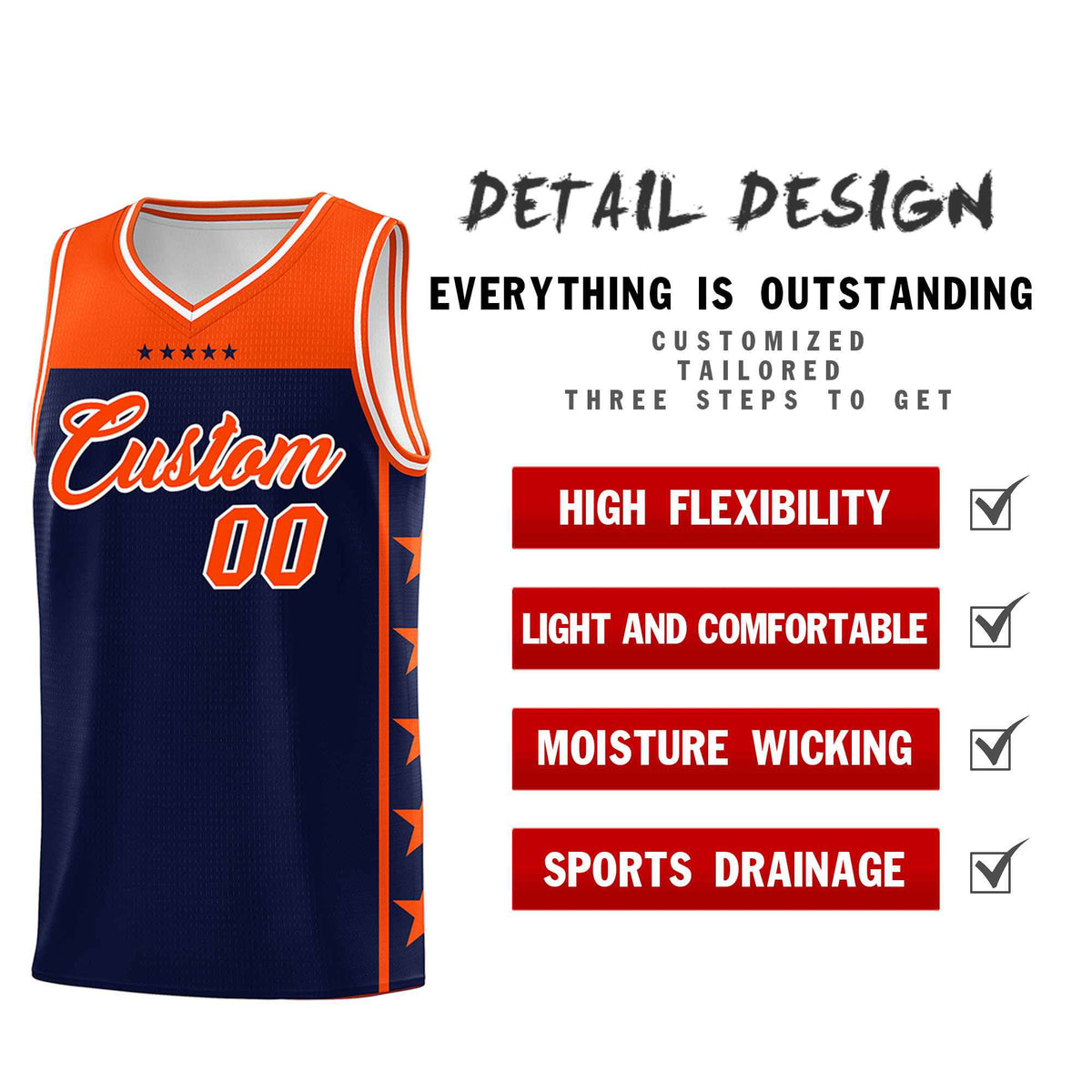 Custom Navy Orange Color Block Sets Sports Uniform Basketball Jersey