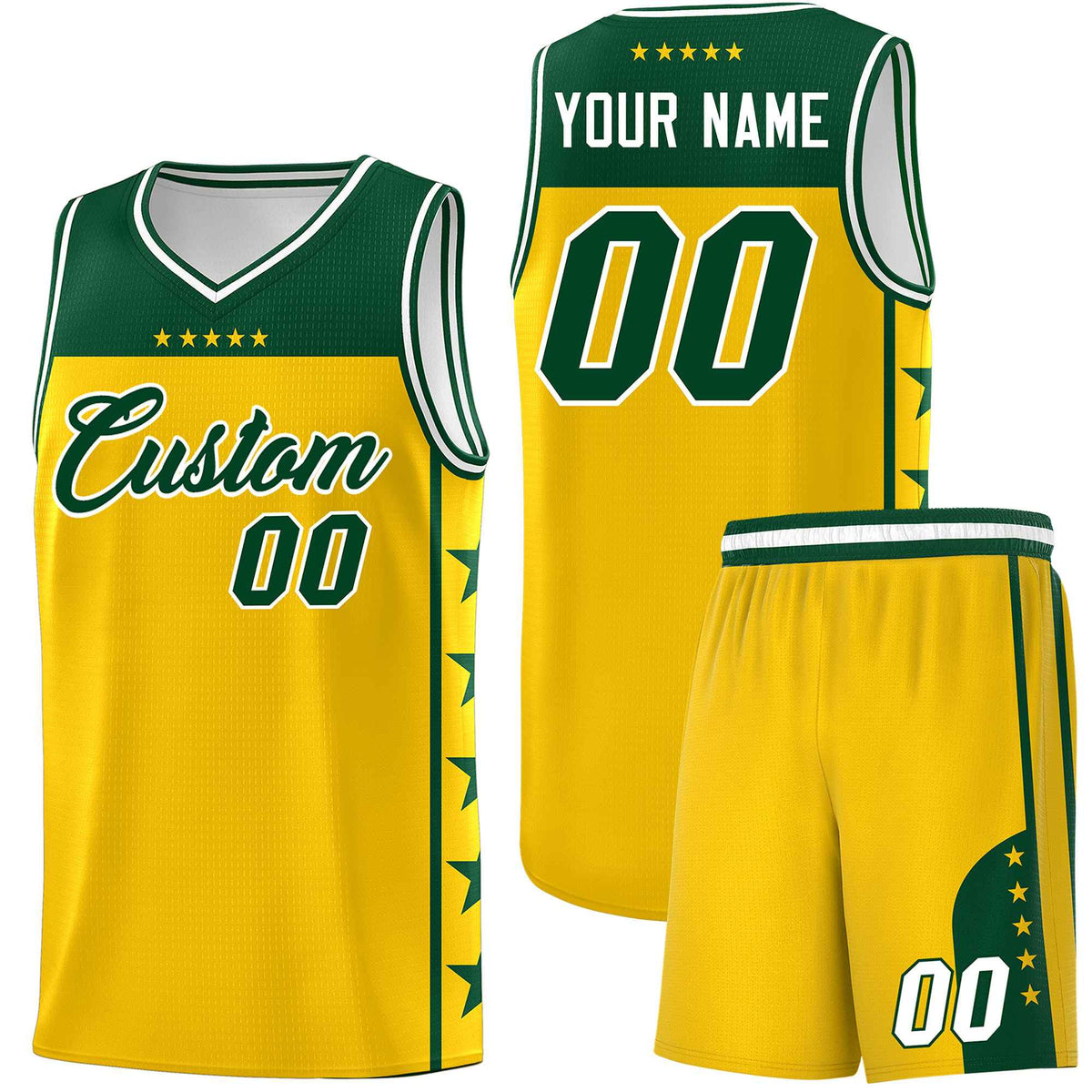 Custom Gold Kelly Green Color Block Sets Sports Uniform Basketball Jersey