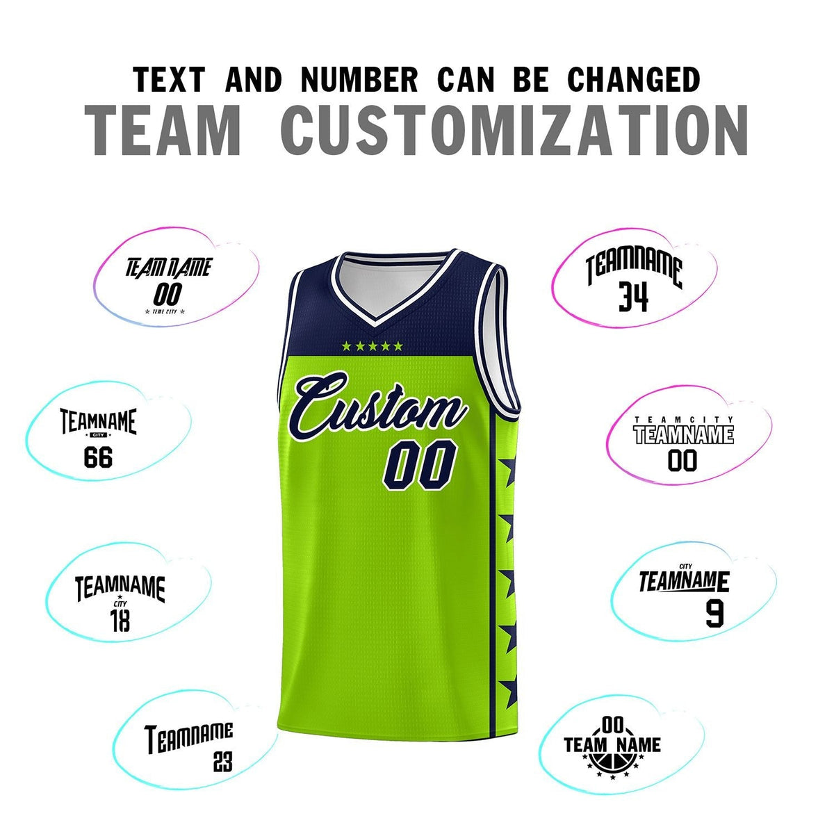 Custom Neon Green Navy Color Block Sets Sports Uniform Basketball Jersey