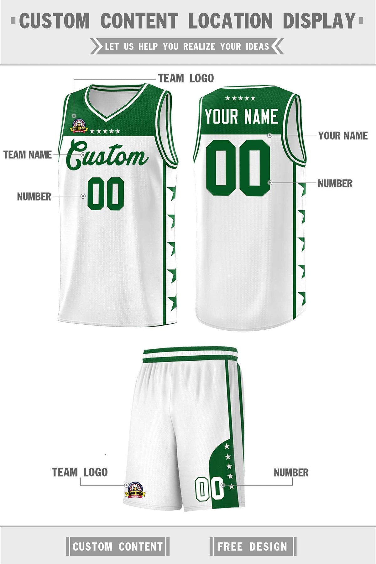 Custom White Kelly Green Color Block Sets Sports Uniform Basketball Jersey