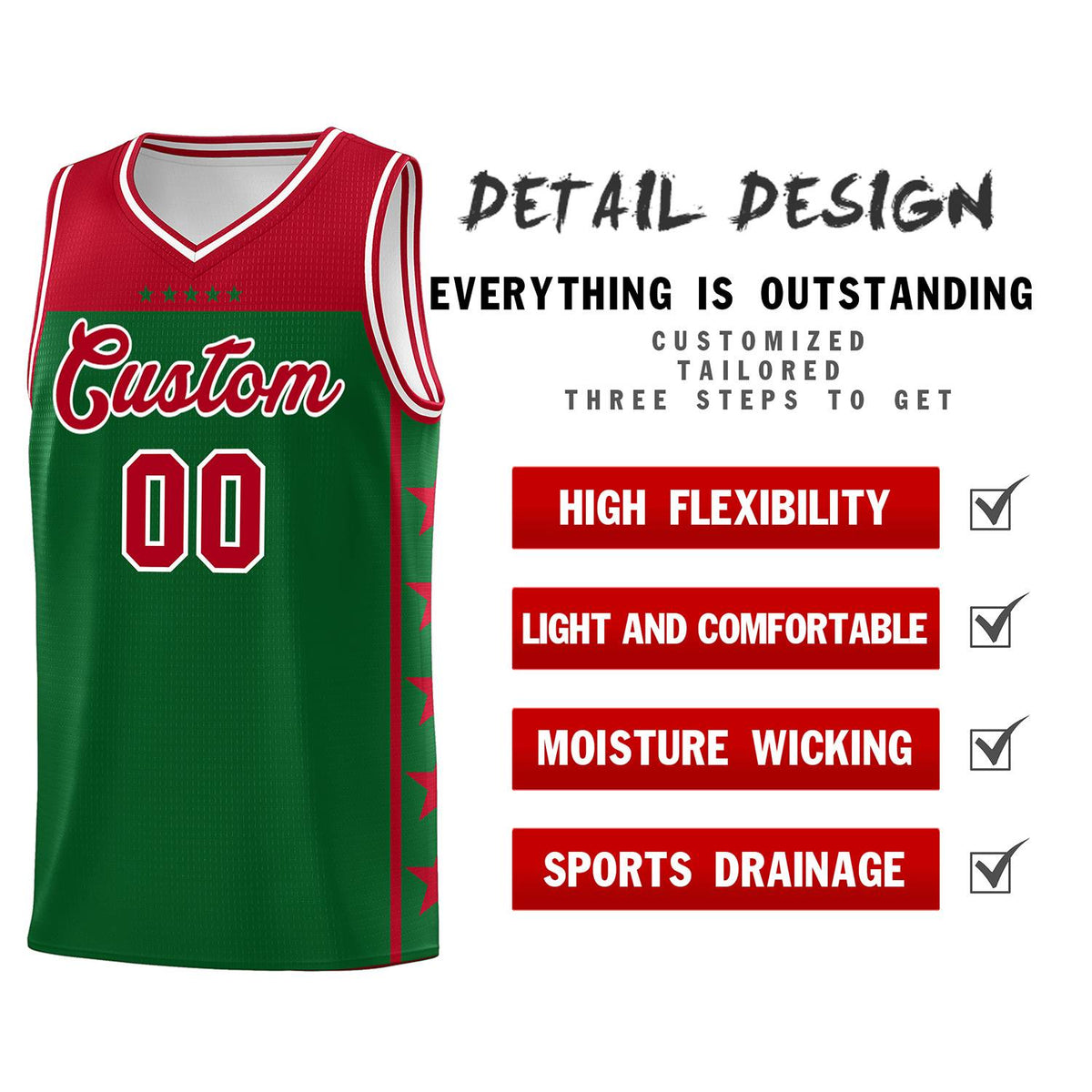 Custom Kelly Green Red Color Block Sets Sports Uniform Basketball Jersey