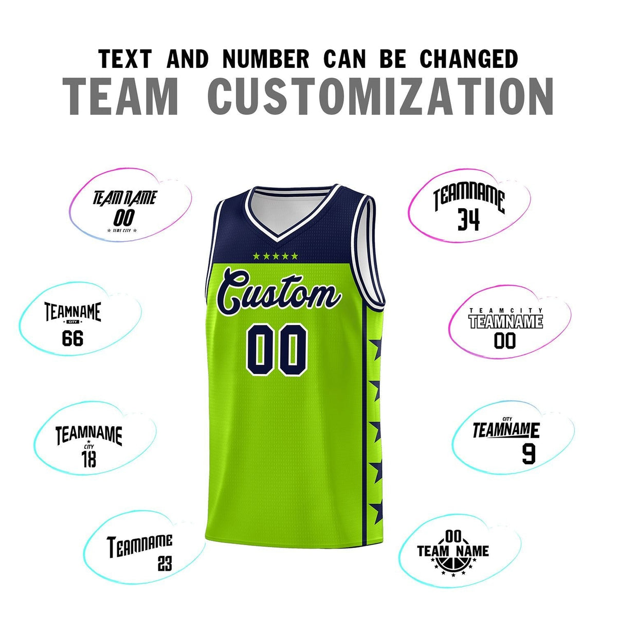 Custom Neon Green Navy Color Block Sets Sports Uniform Basketball Jersey
