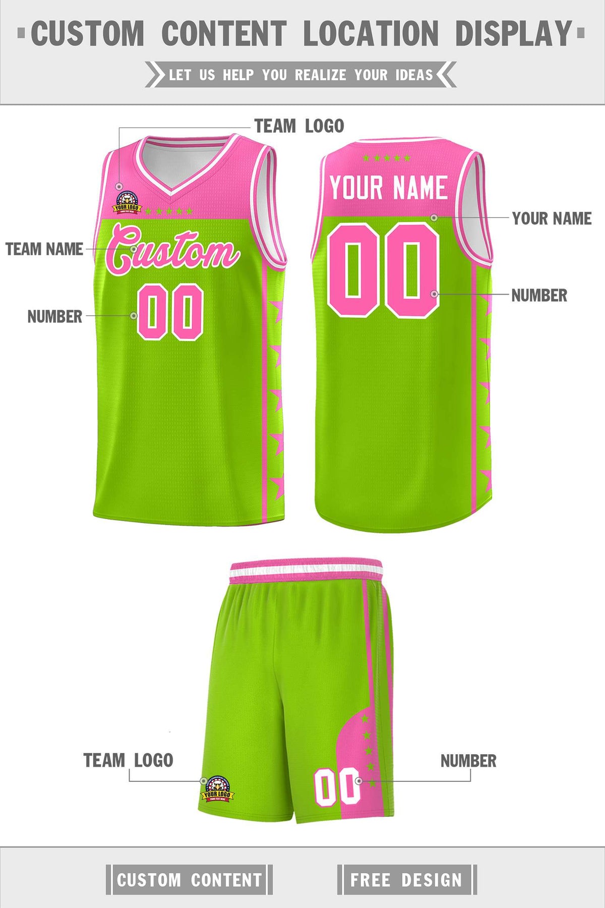 Custom Neon Green Pink Color Block Sets Sports Uniform Basketball Jersey