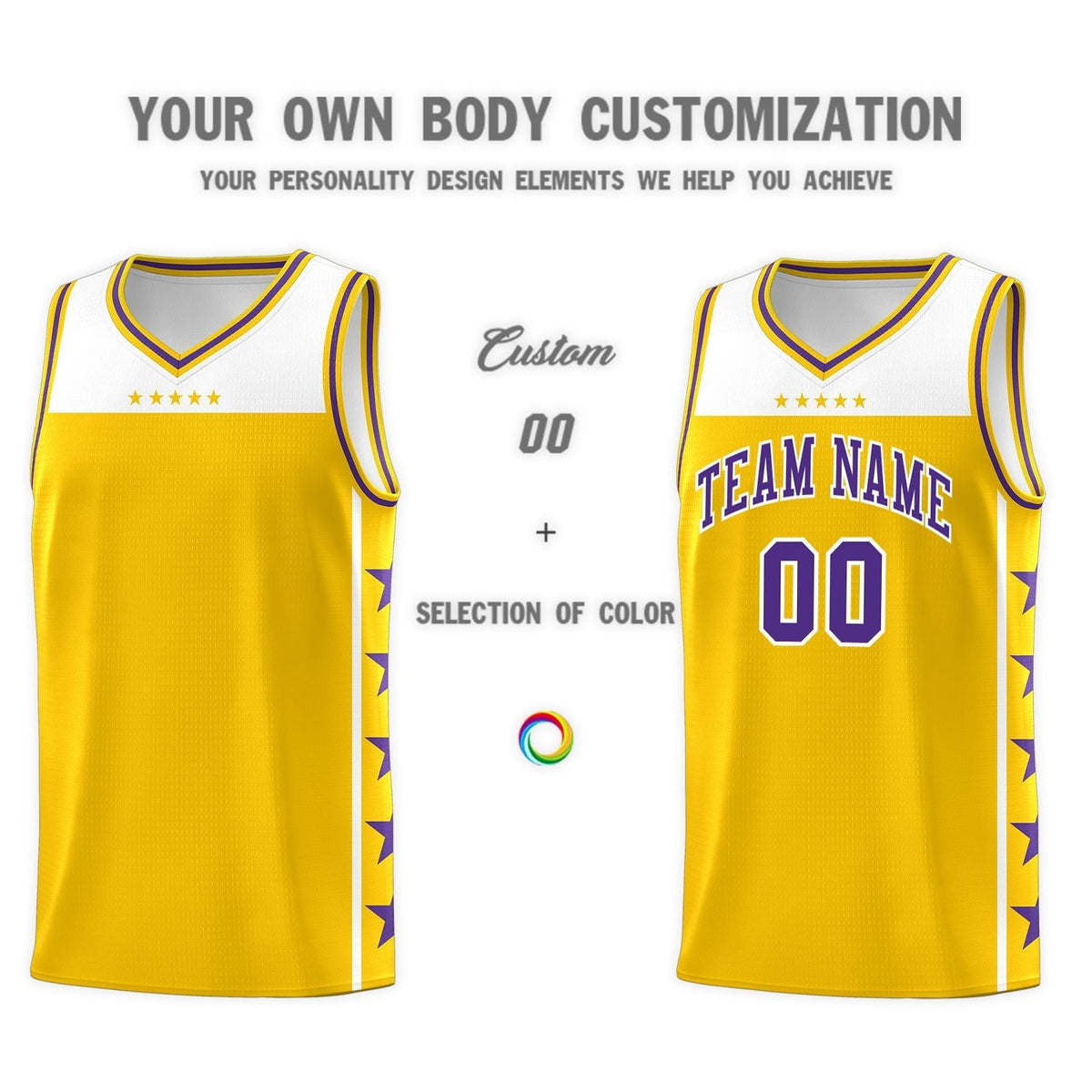 Custom Gold Purple Color Block Sets Sports Uniform Basketball Jersey