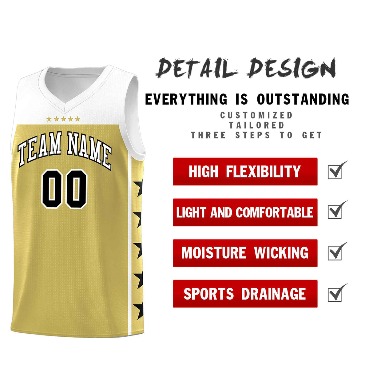 Custom Old Gold White Color Block Sets Sports Uniform Basketball Jersey