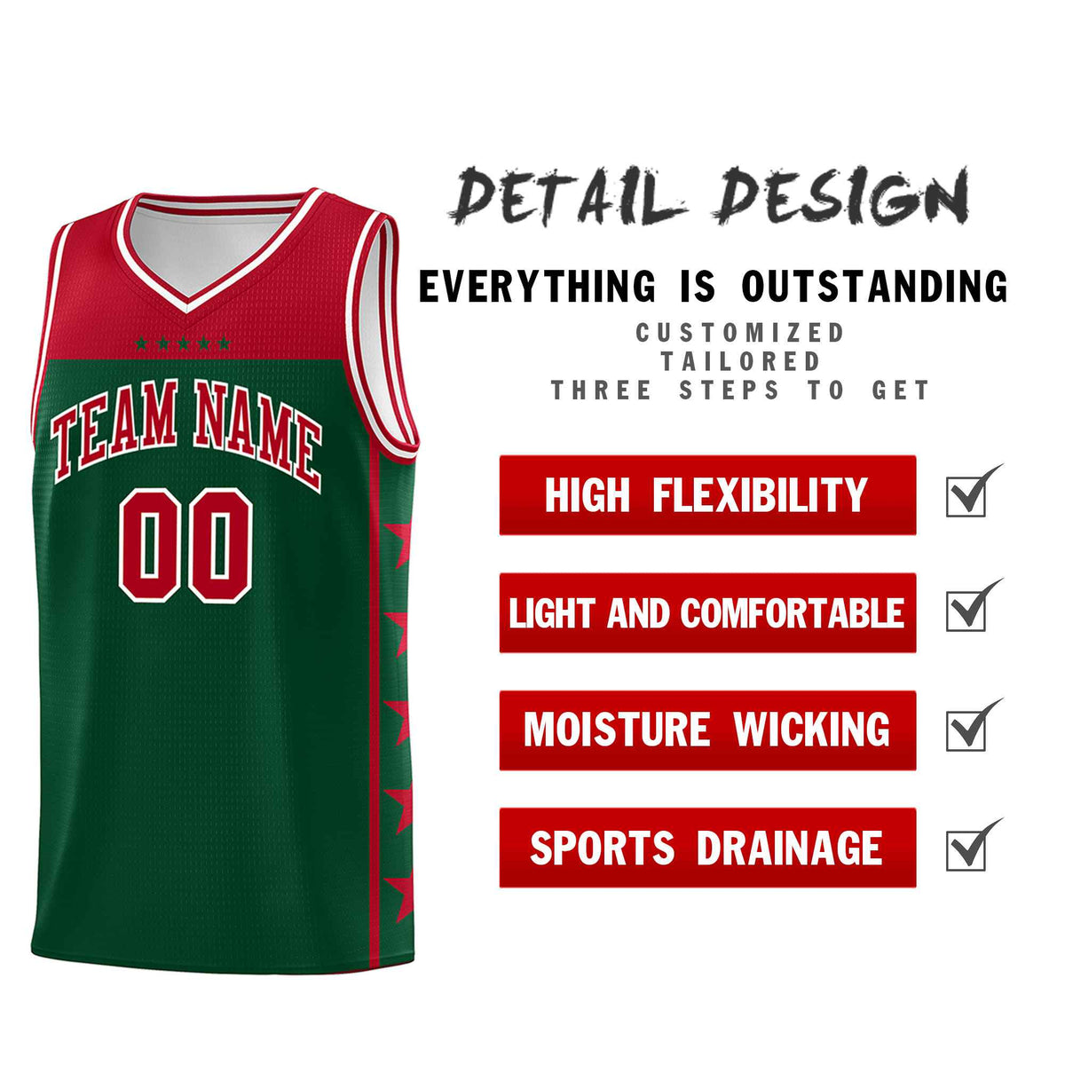 Custom Kelly Green Red Color Block Sets Sports Uniform Basketball Jersey