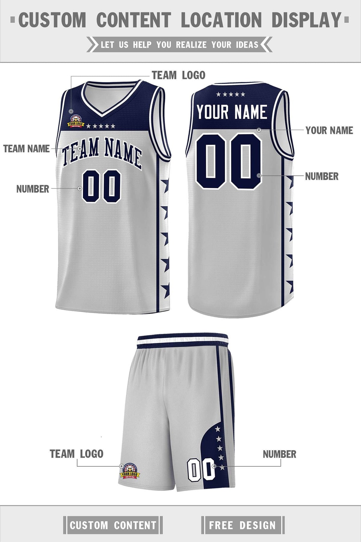 Custom Gray Navy Color Block Sets Sports Uniform Basketball Jersey