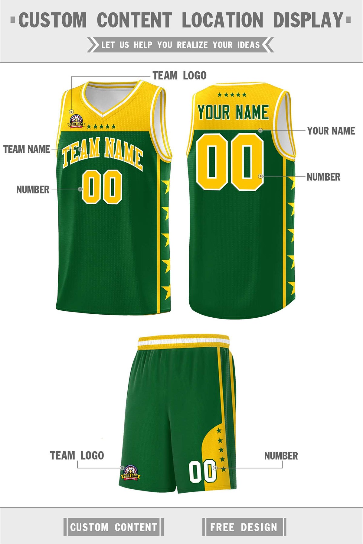 Custom Kelly Green Yellow Color Block Sets Sports Uniform Basketball Jersey