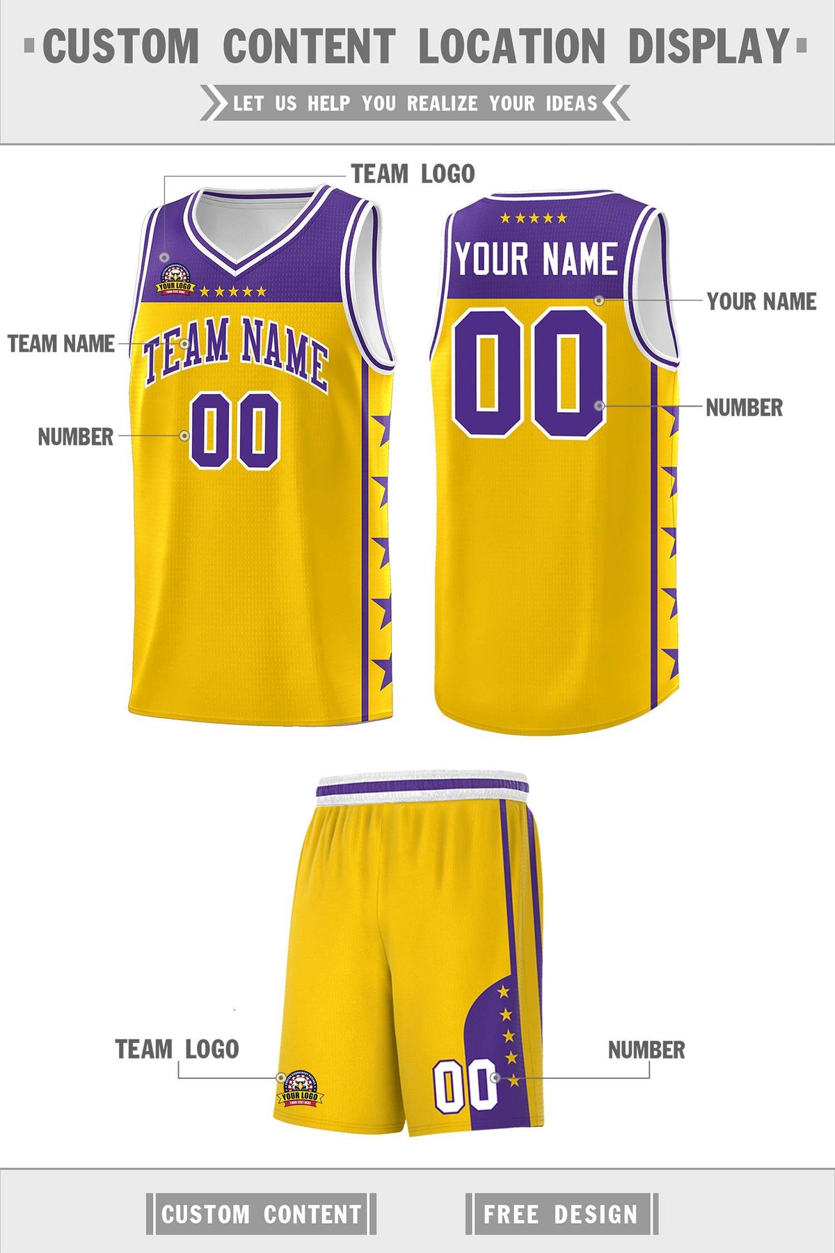 Custom Gold Purple Color Block Sets Sports Uniform Basketball Jersey