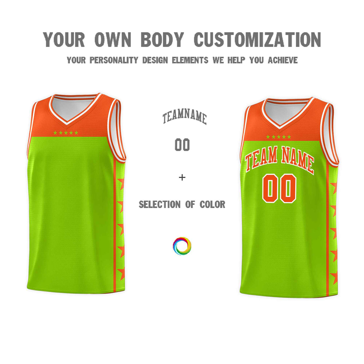 Custom Neon Green Orange Color Block Sets Sports Uniform Basketball Jersey