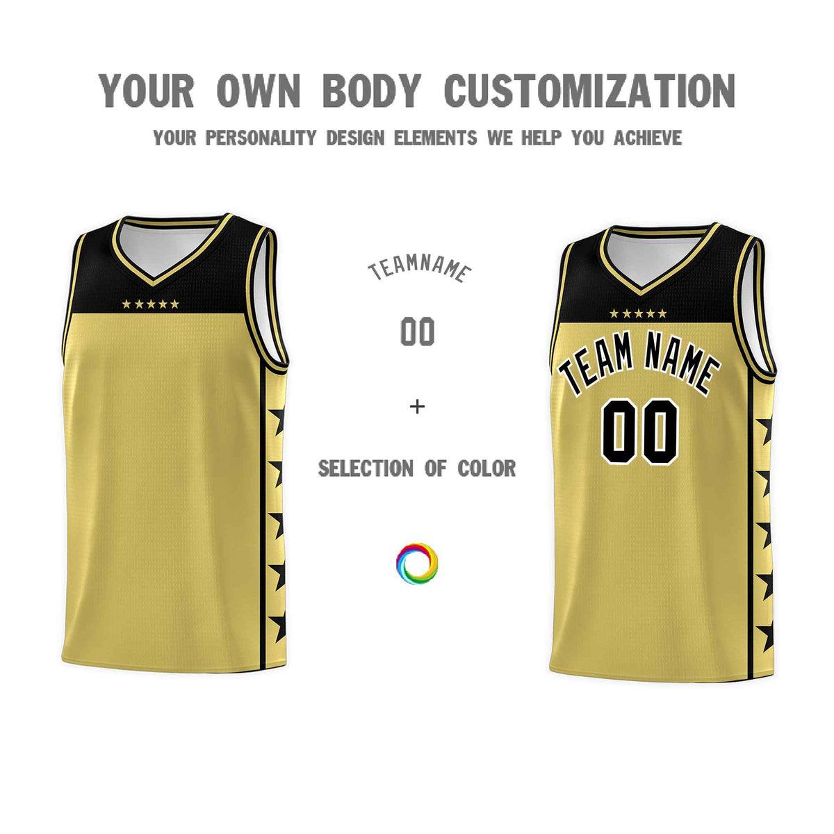 Custom Old Gold Black Color Block Sets Sports Uniform Basketball Jersey