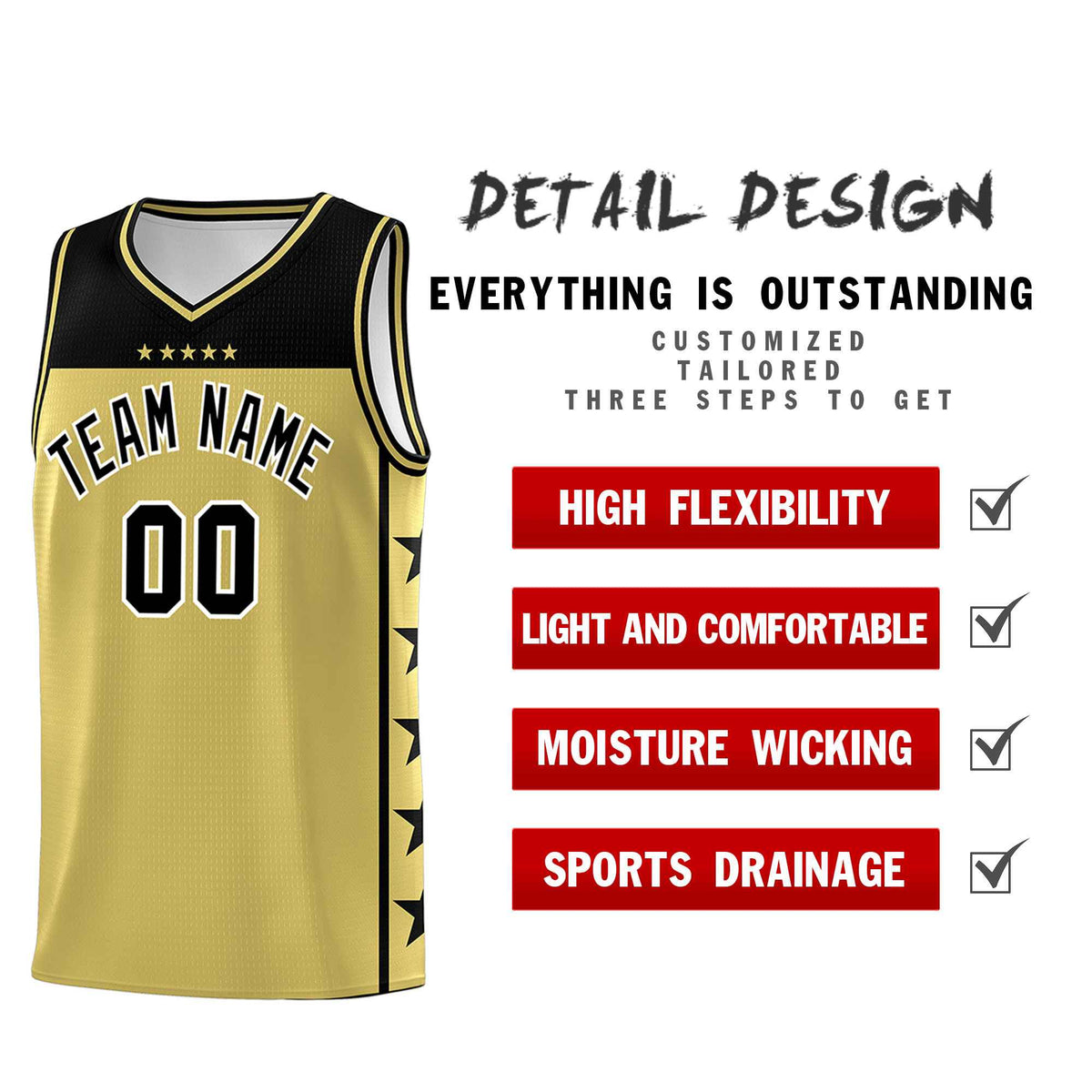 Custom Old Gold Black Color Block Sets Sports Uniform Basketball Jersey