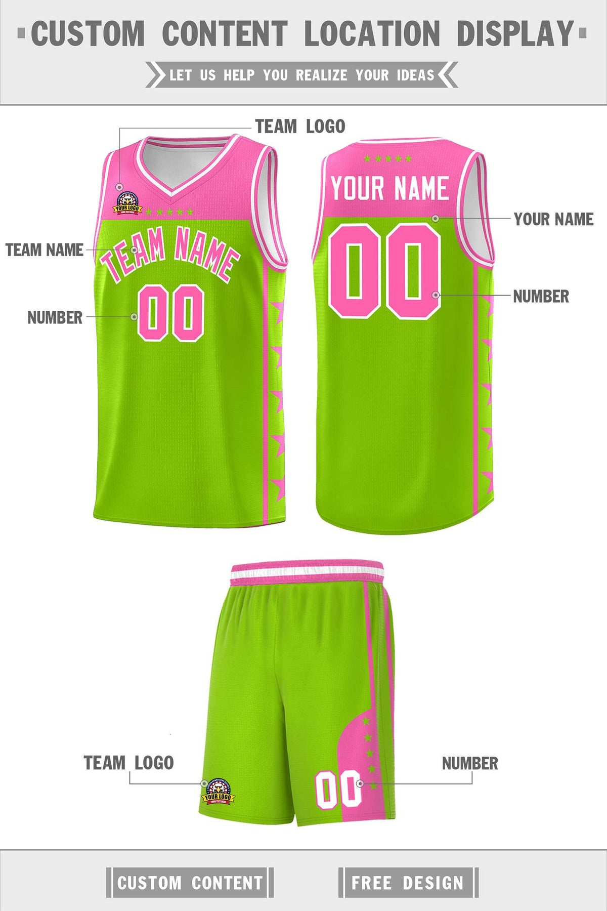 Custom Neon Green Pink Color Block Sets Sports Uniform Basketball Jersey