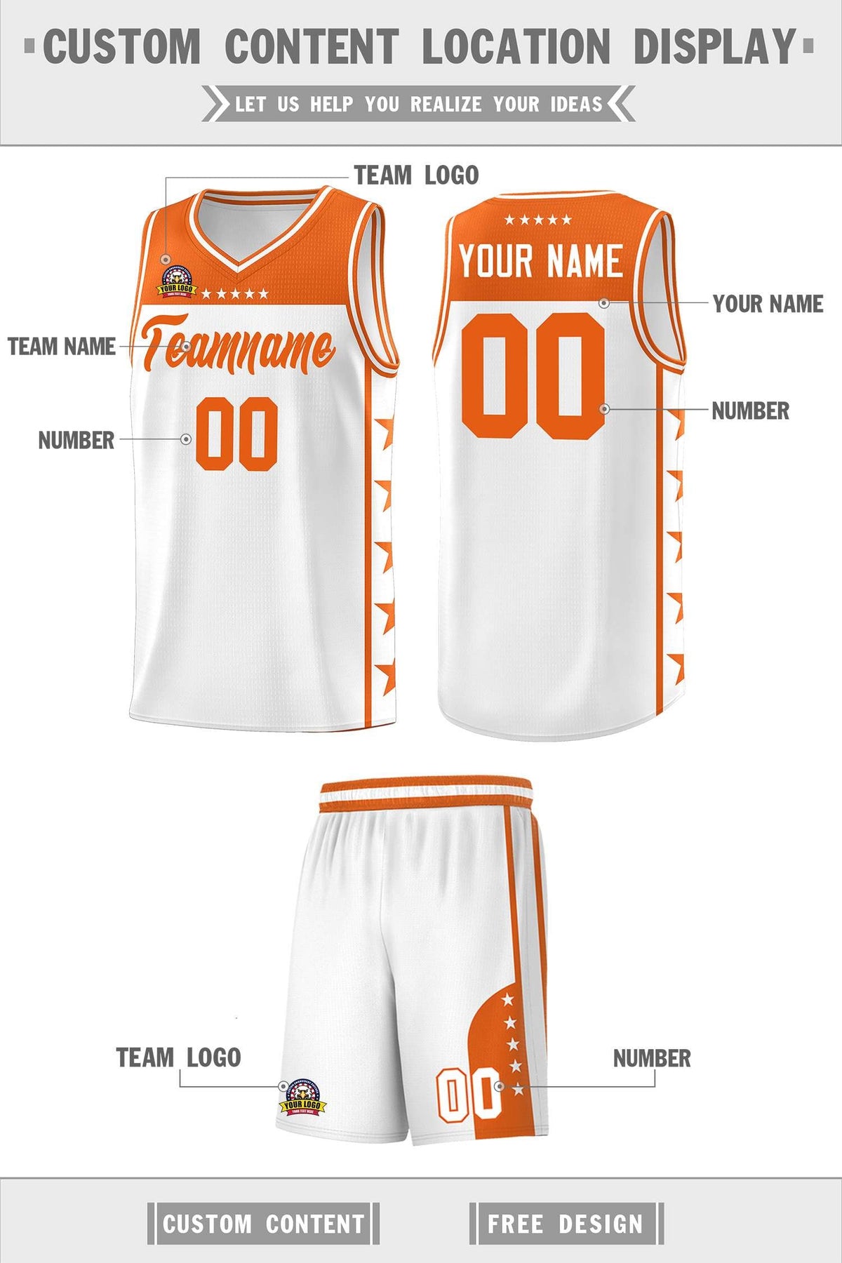 Custom White Orange Color Block Sets Sports Uniform Basketball Jersey