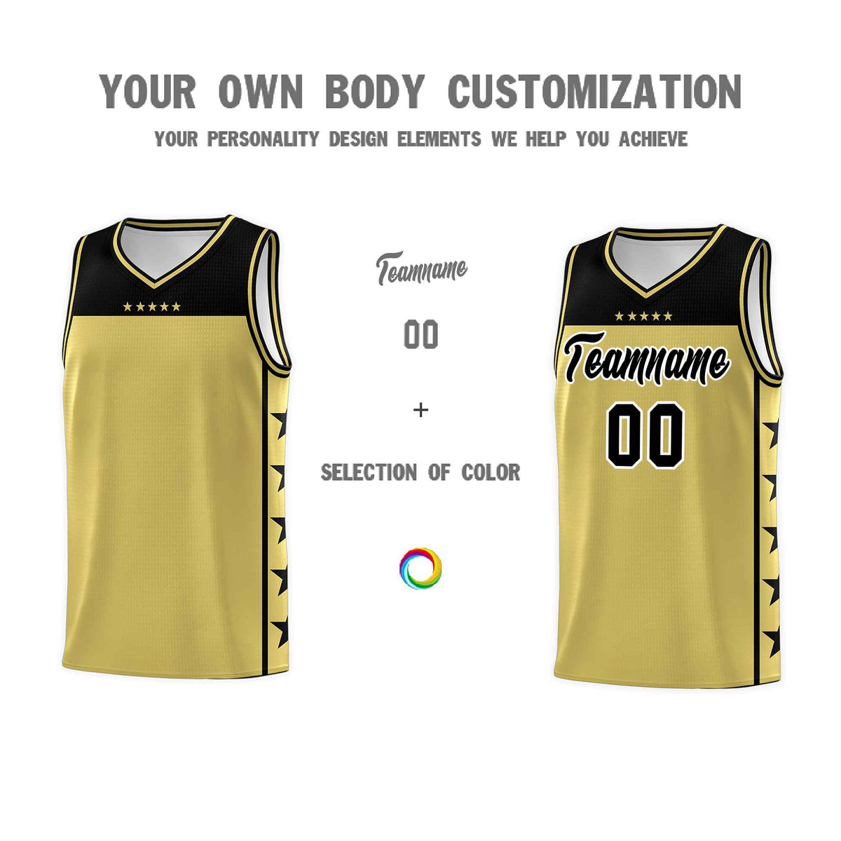 Custom Old Gold Black Color Block Sets Sports Uniform Basketball Jersey