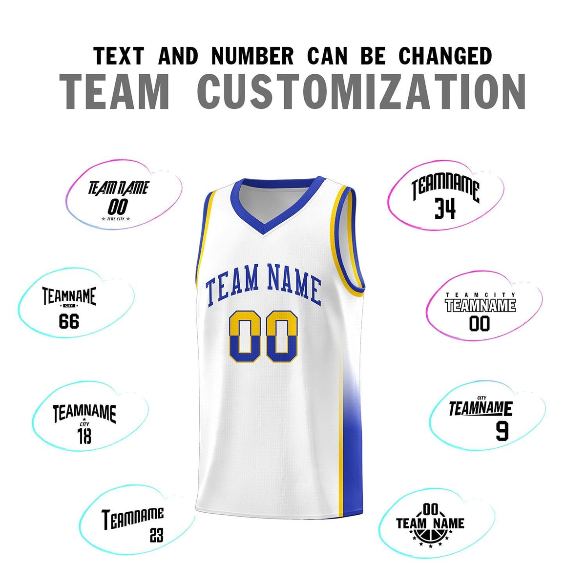 Custom White Gold-Royal Personalized Two Tone Font Sports Uniform Basketball Jersey
