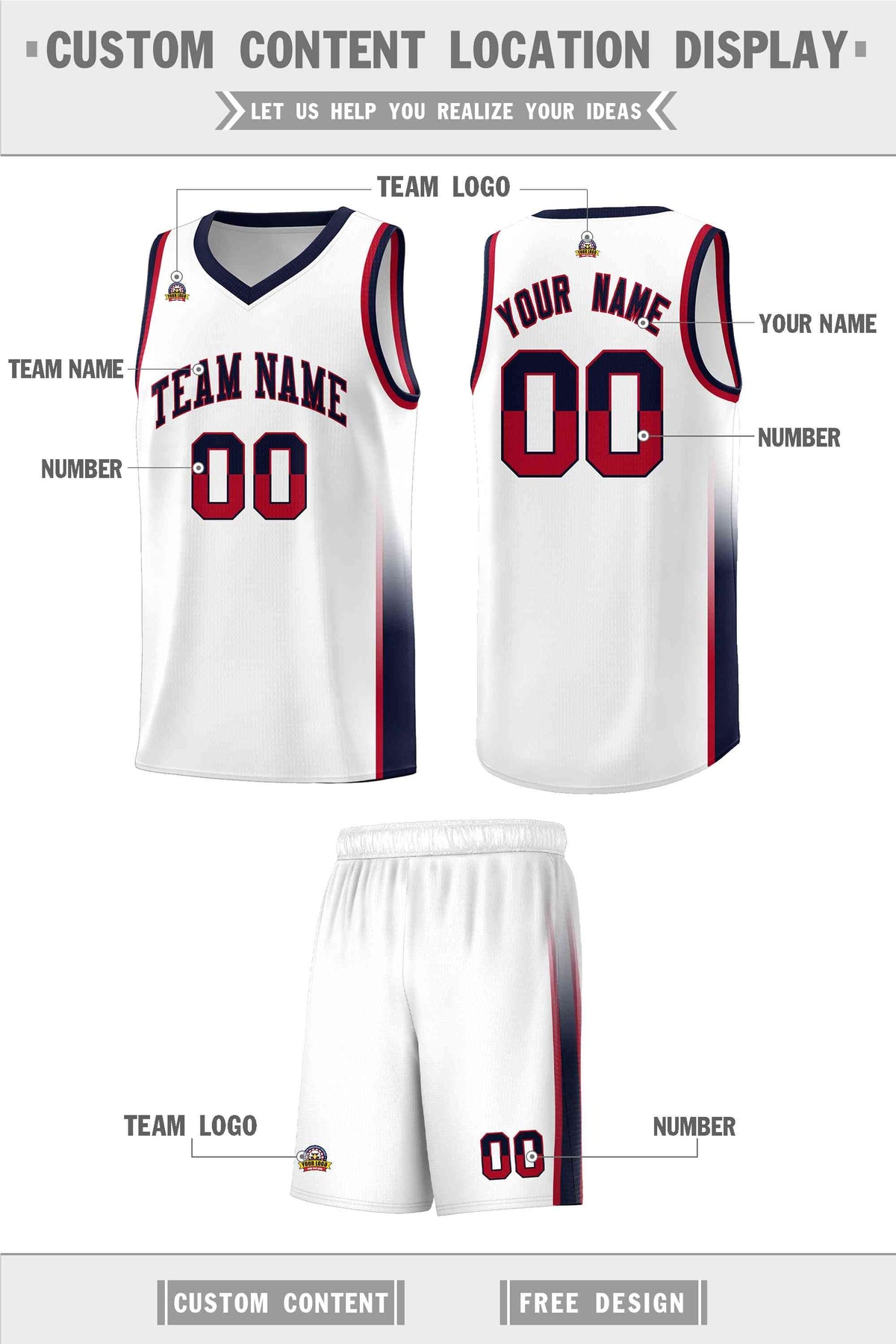 Custom White Red-Navy Personalized Two Tone Font Sports Uniform Basketball Jersey