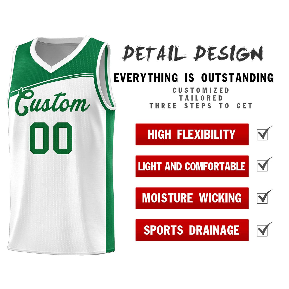 Custom White Kelly Green Color Block Sports Uniform Basketball Jersey